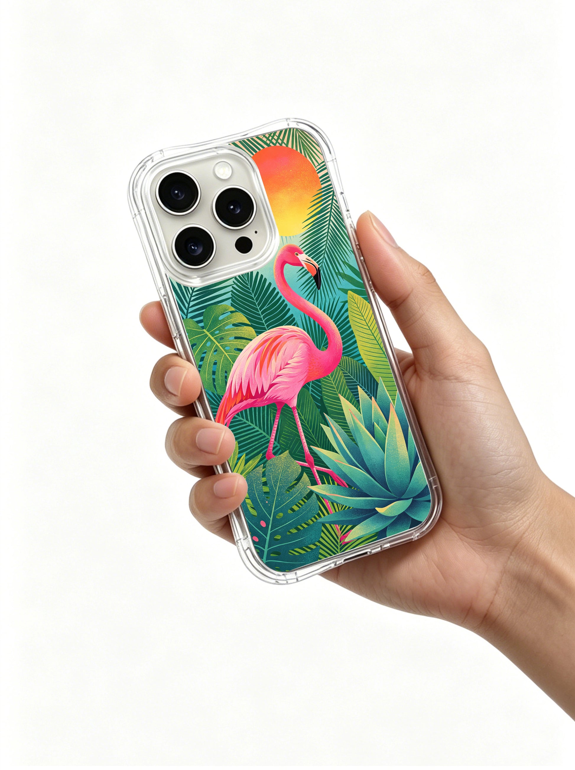 PhoneCasing iPhone 15 Pro Case with tropical palm leaves and flamingo, premium illustrated case for women who love bold color.