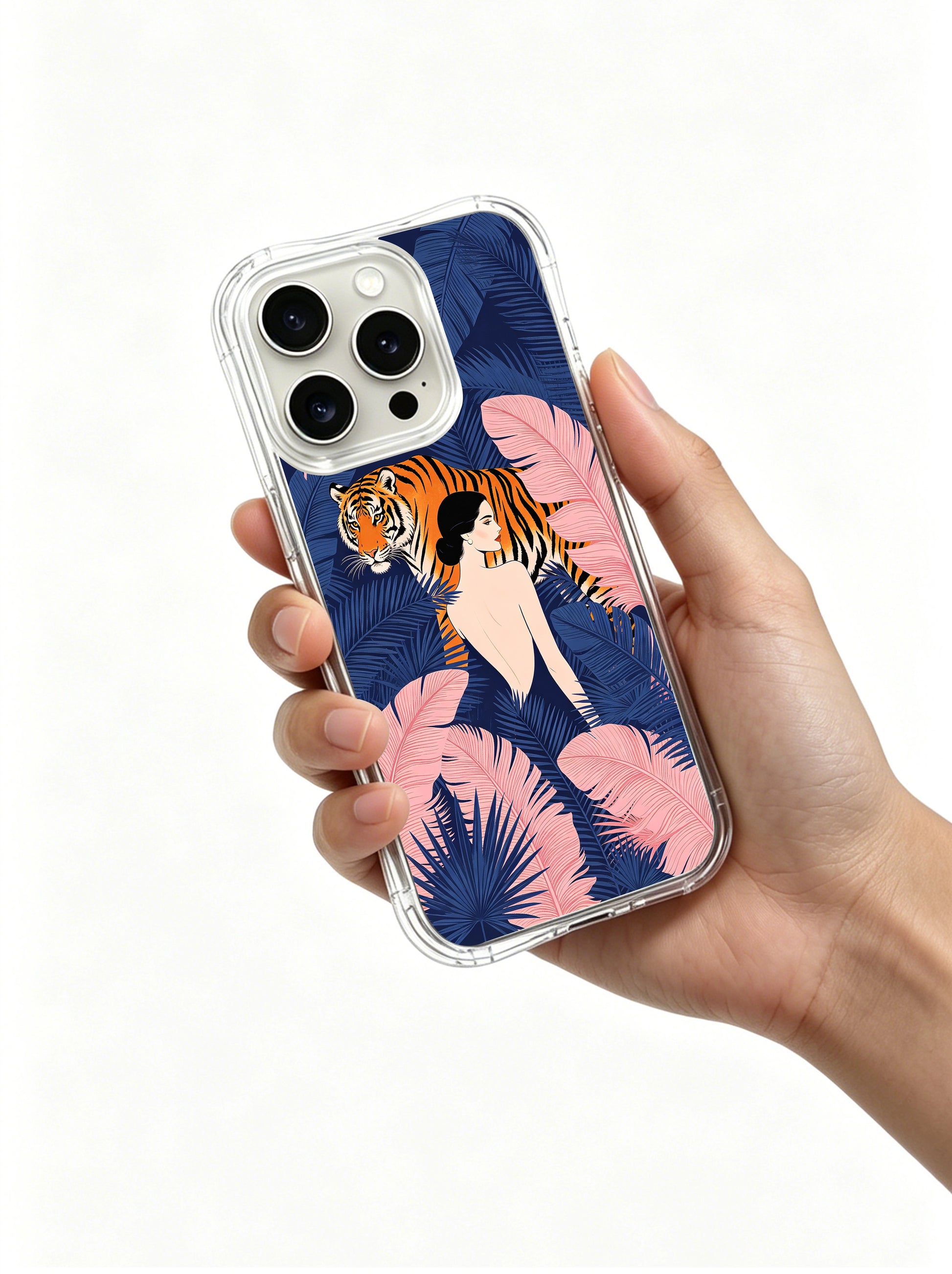 PhoneCasing iPhone 15 Pro Case with tropical palm leaves and tiger, premium illustrated case for sophisticated women.