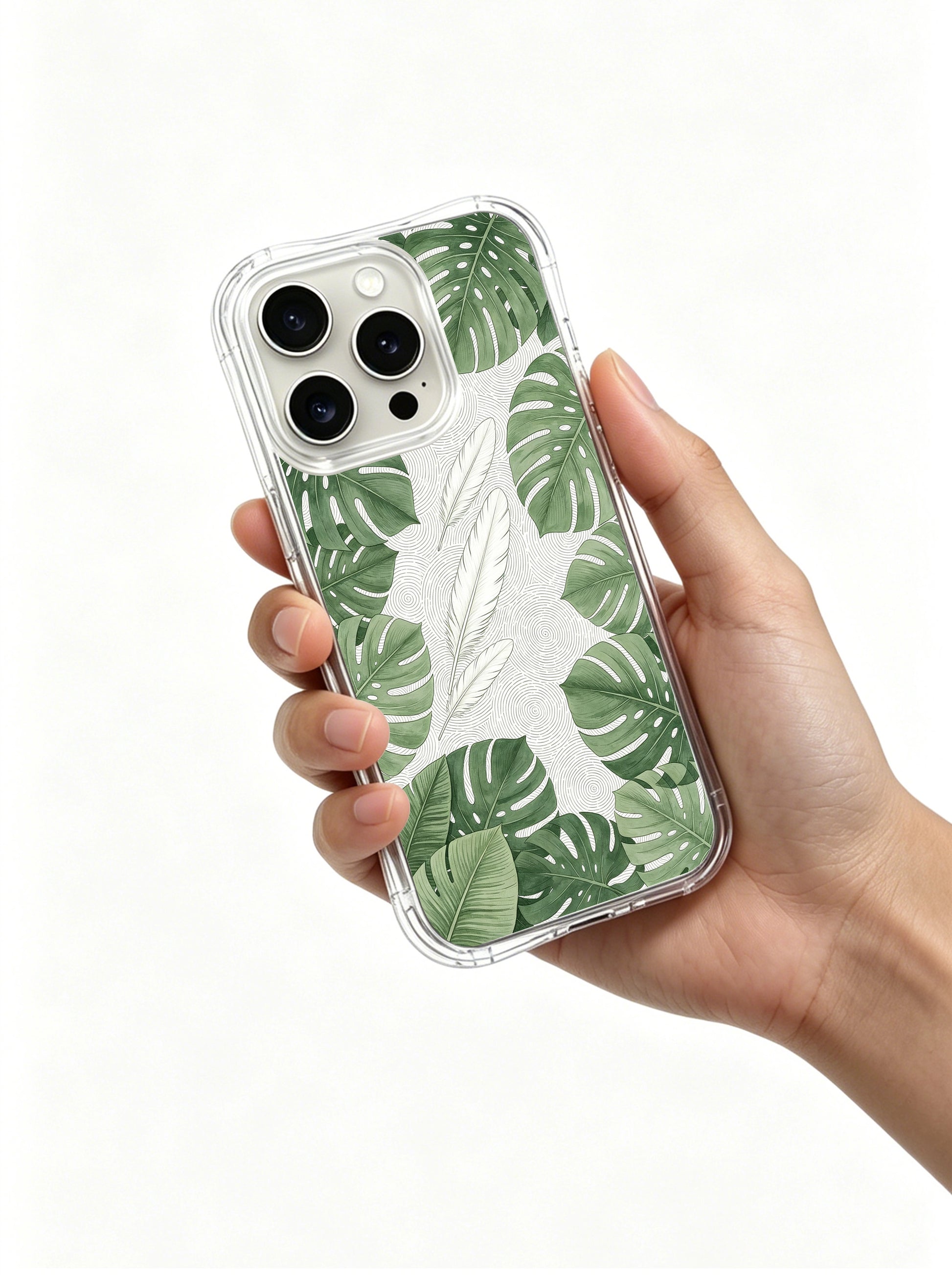 PhoneCasing iPhone 15 Pro Case with lush monstera leaves and delicate feather details, premium artist-designed case made in California.

