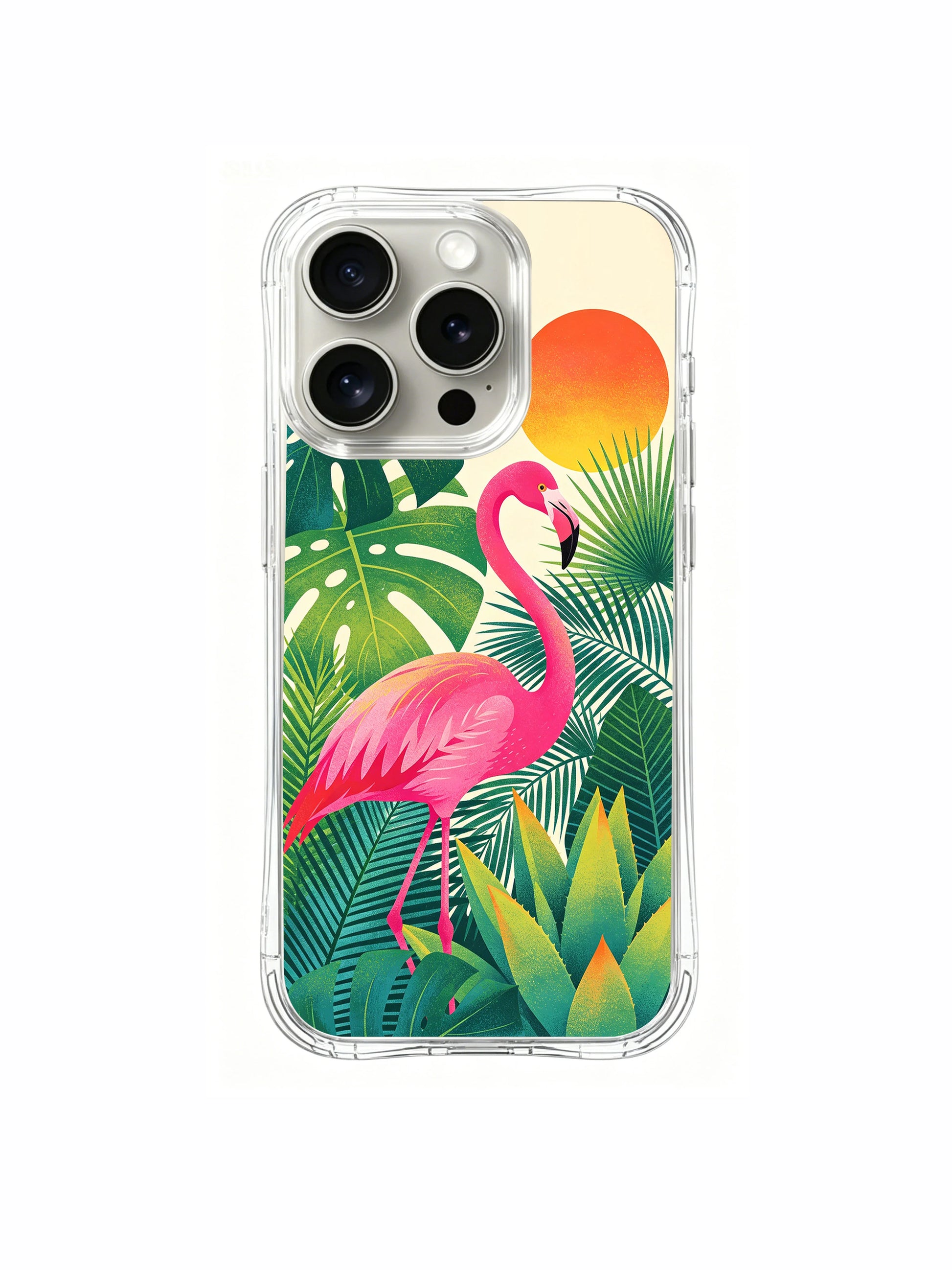 PhoneCasing iPhone 15 Pro Case with tropical sunset and flamingo, a statement piece that brings joy to your day.
