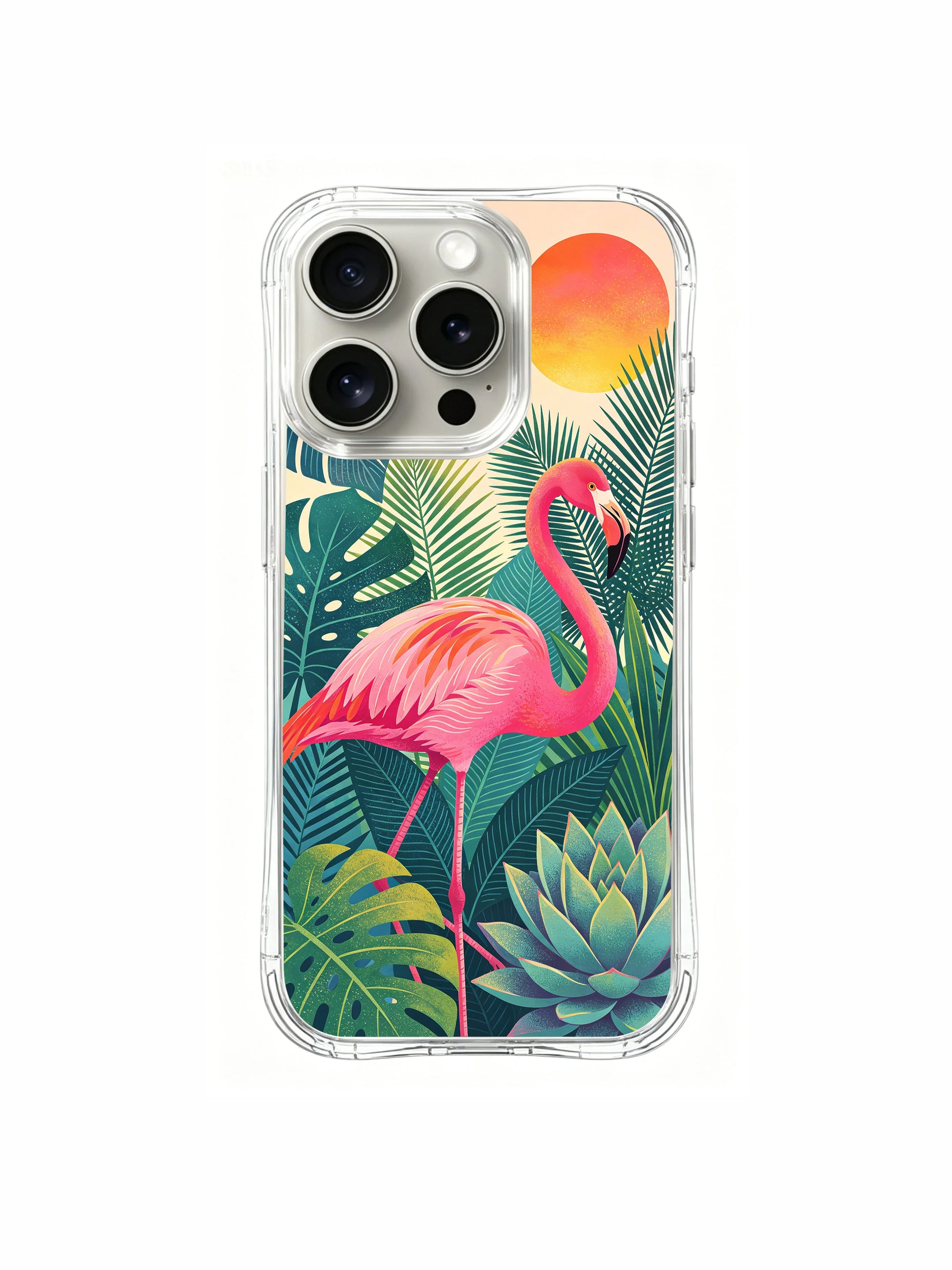 PhoneCasing iPhone 15 Pro Case vibrant flamingo protective case, scratch-resistant and fade-proof with the jungle print.
