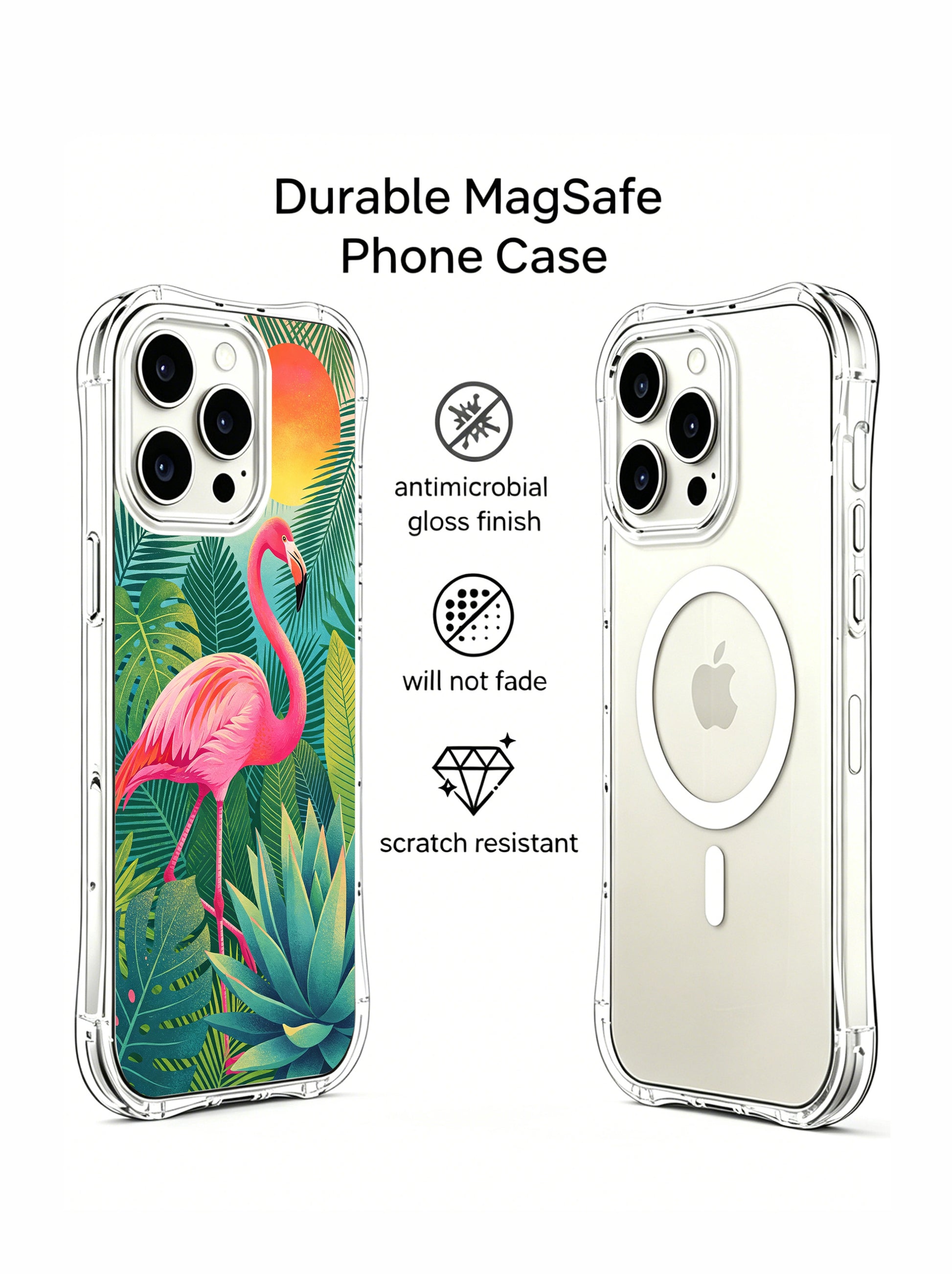 PhoneCasing iPhone 15 Pro Case with bright flamingo and sunset, an exclusive Elena Rostova collaboration design.