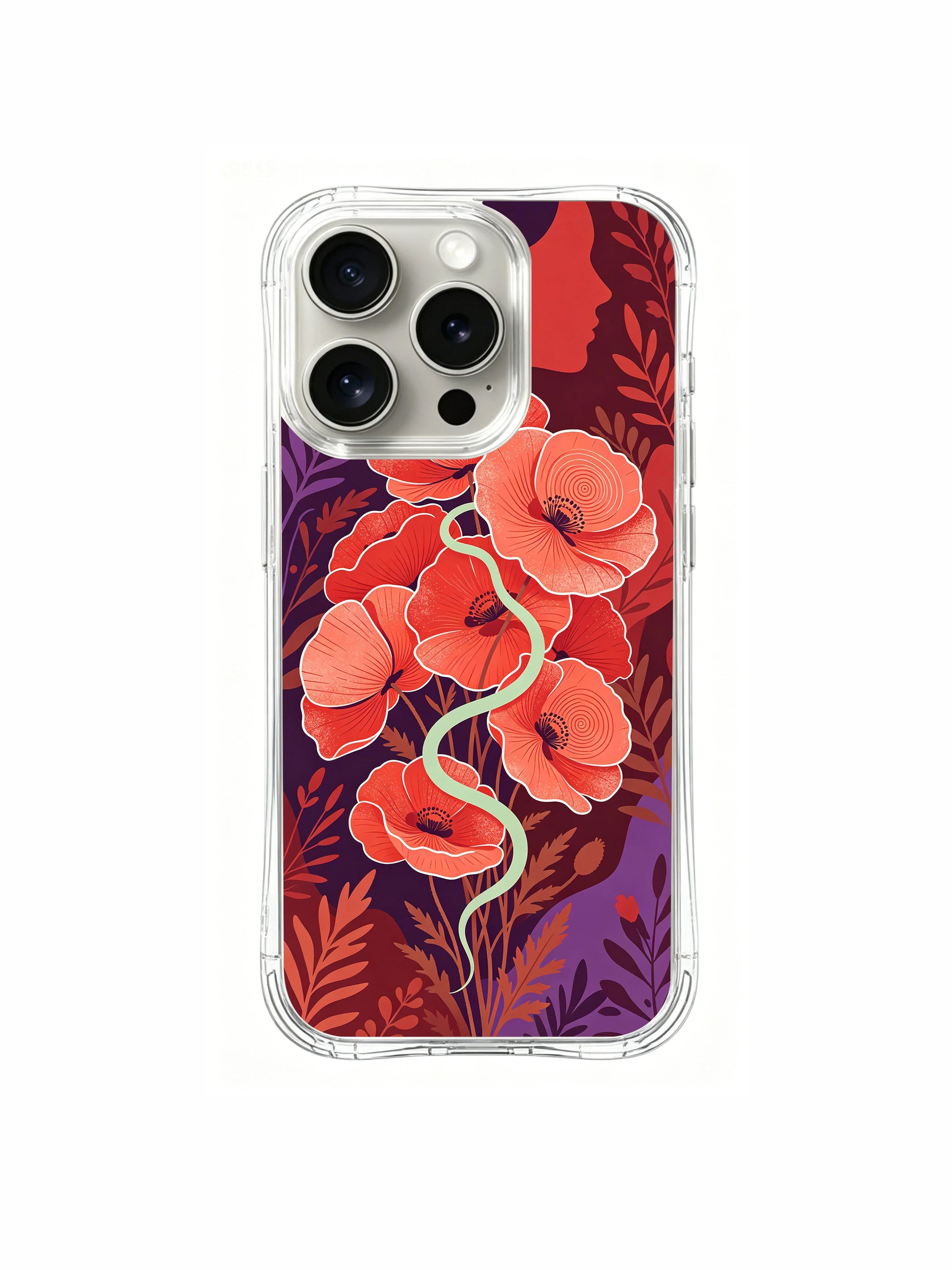 PhoneCasing iPhone 15 Pro Case with vibrant poppies and a healing serpent, premium artist-designed case crafted in California.