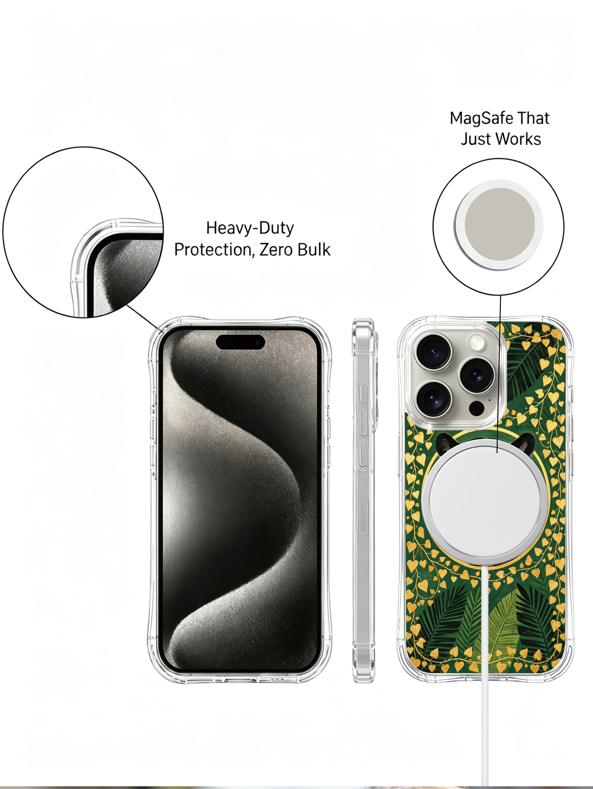 PhoneCasing iPhone 15 pro Case boasts deep emerald vintage panther artwork, finished with scratch resistant long-lasting glossy coating.