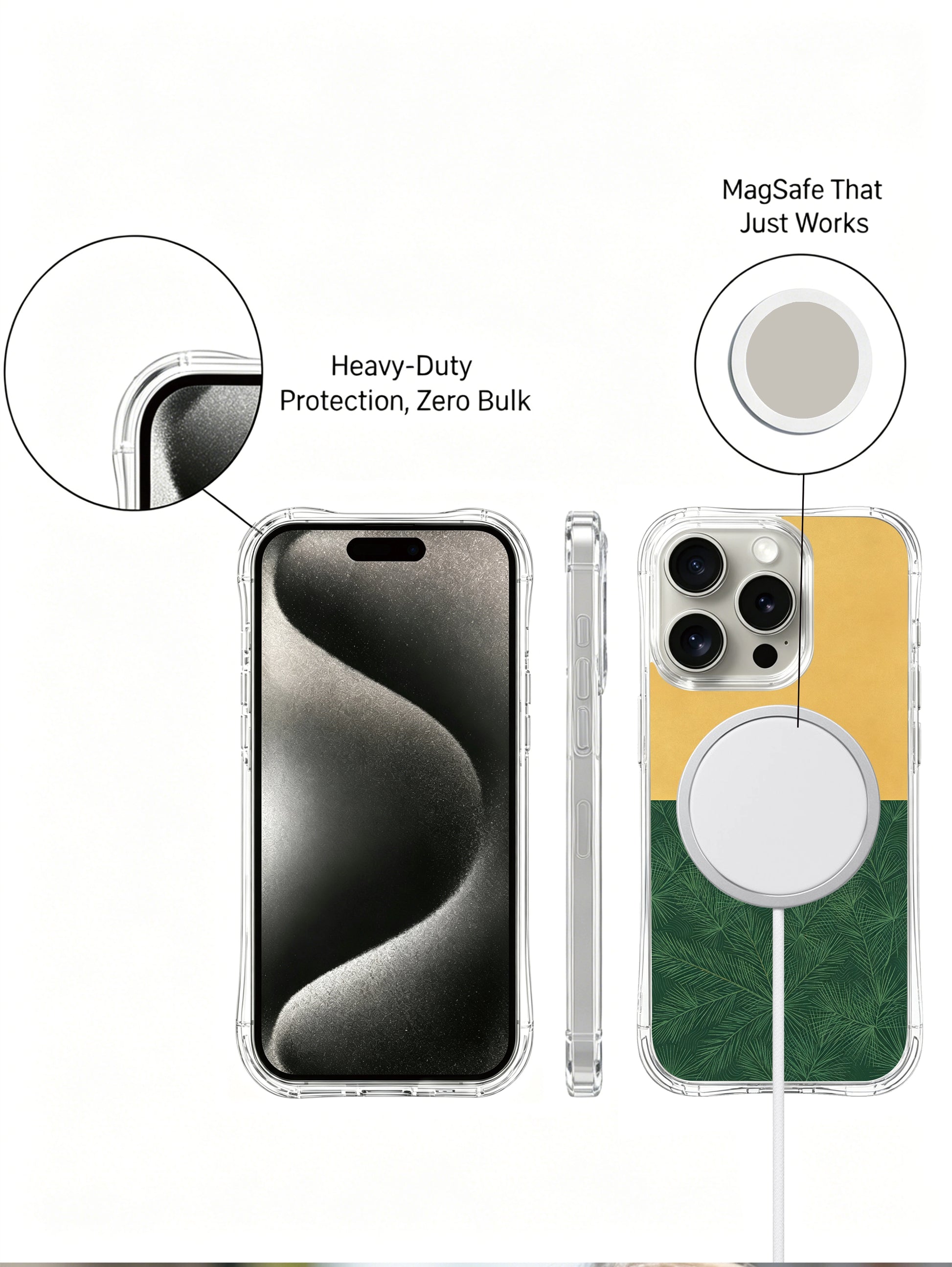 PhoneCasing iPhone 15 pro Case boasts timeless mustard & emerald botanical layout, finished with scratch-resistant long-lasting glossy coating.