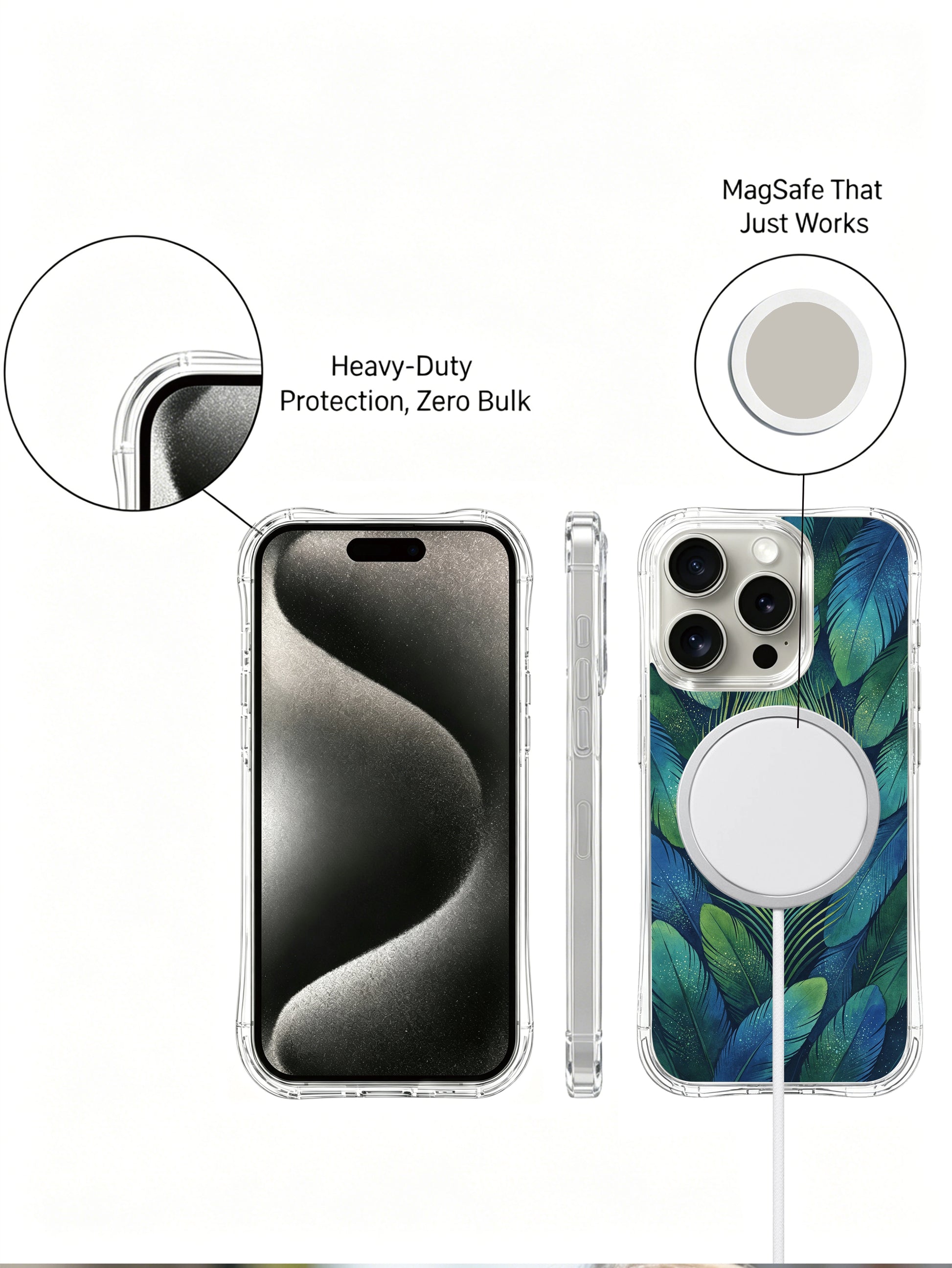 PhoneCasing iPhone 15 pro Case boasts deep forest teal peacock feather artwork, finished with scratch-resistant long-lasting glossy coating.