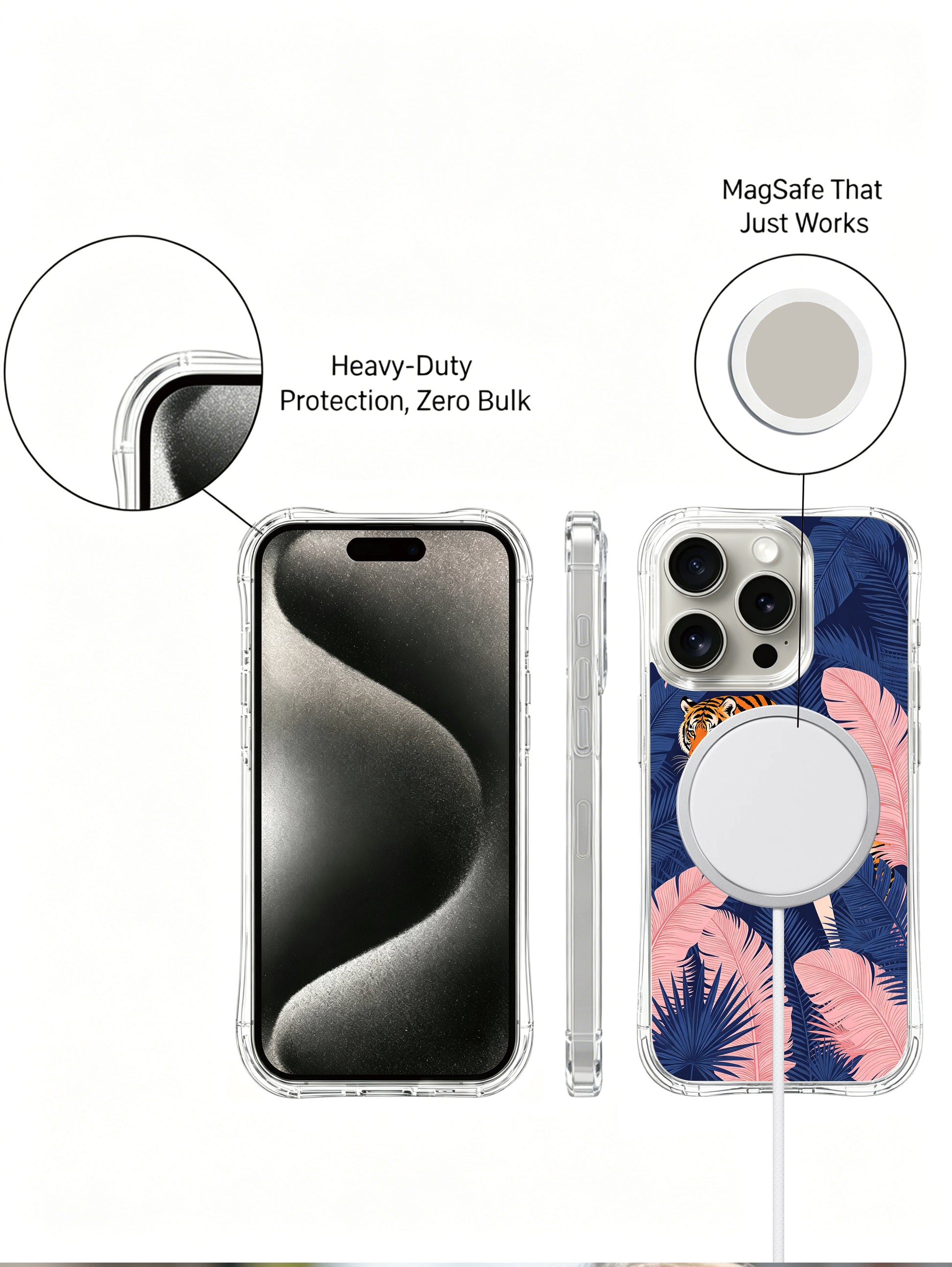 PhoneCasing iPhone 15 Pro Case with bold contrast of orange tiger and blue jungle, a striking artistic design.