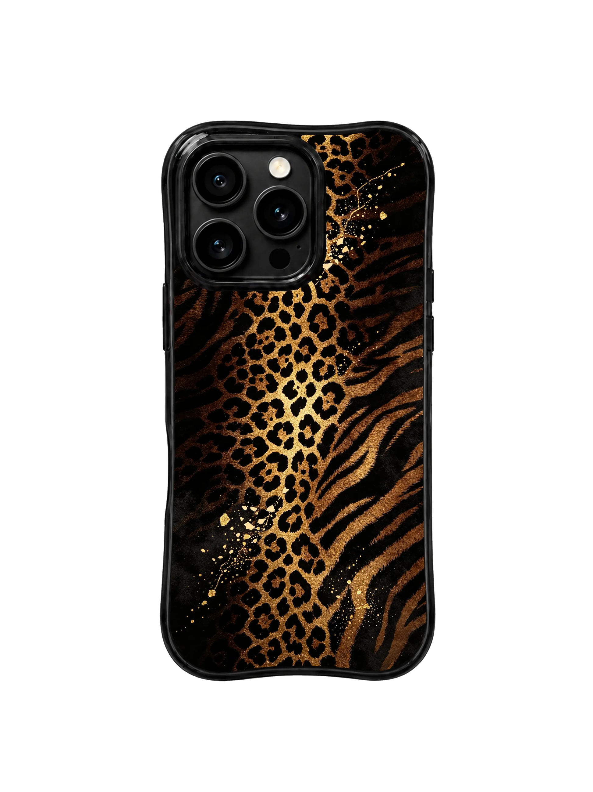 PhoneCasing iPhone 15 pro max back cover featuring Aurelia Wilden's signature soft black velvet and hidden dark gold leopard print, museum-quality art phone case.