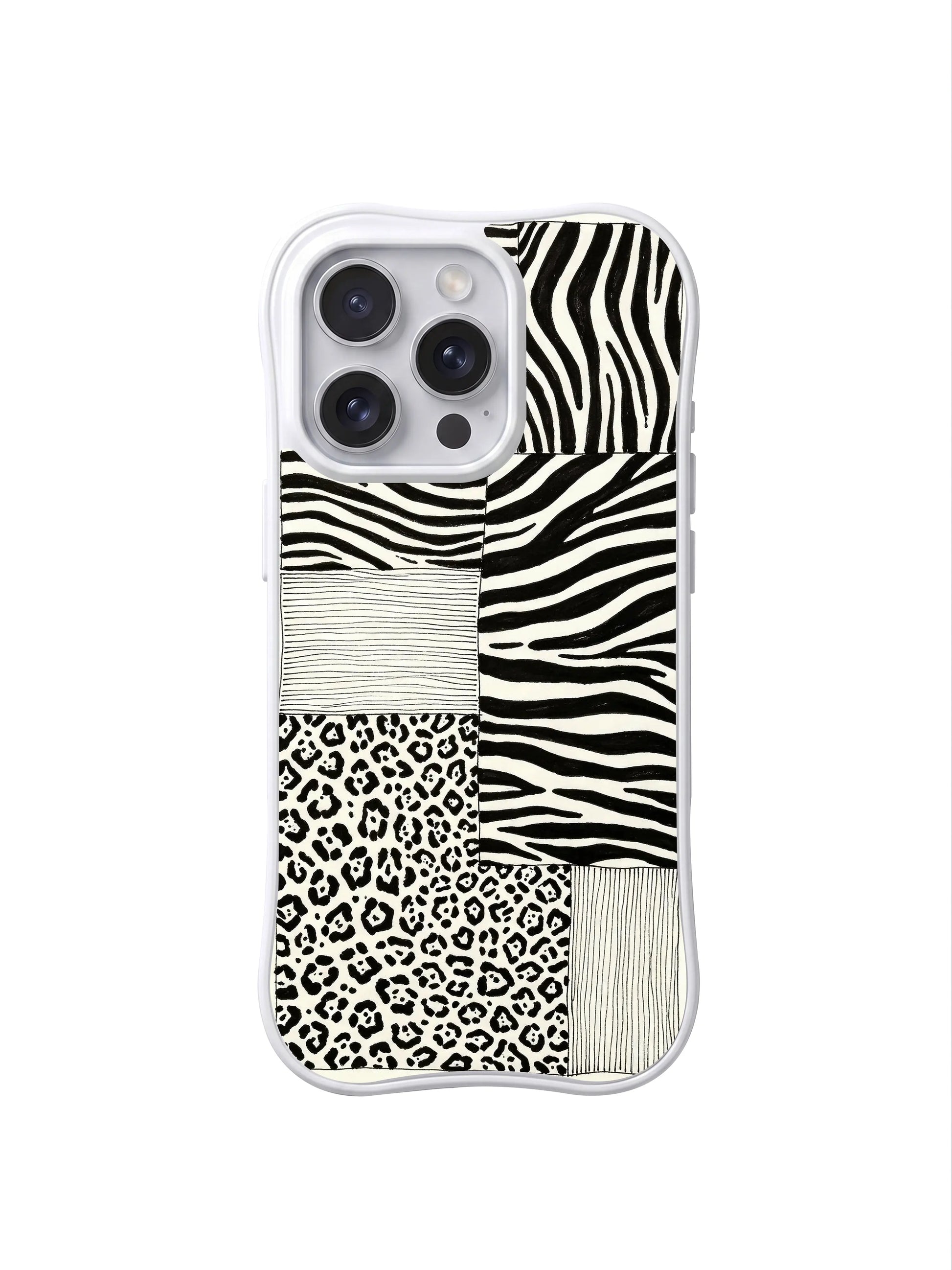 PhoneCasing iPhone 15 pro max back cover featuring Aurelia Wilden's signature balanced vertical animal patch print, museum-quality modern art phone case.