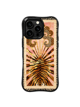 PhoneCasing iPhone 15 pro max back cover featuring Aurelia Wilden's signature bronze tiger and woven fabric print, museum-quality art phone case.