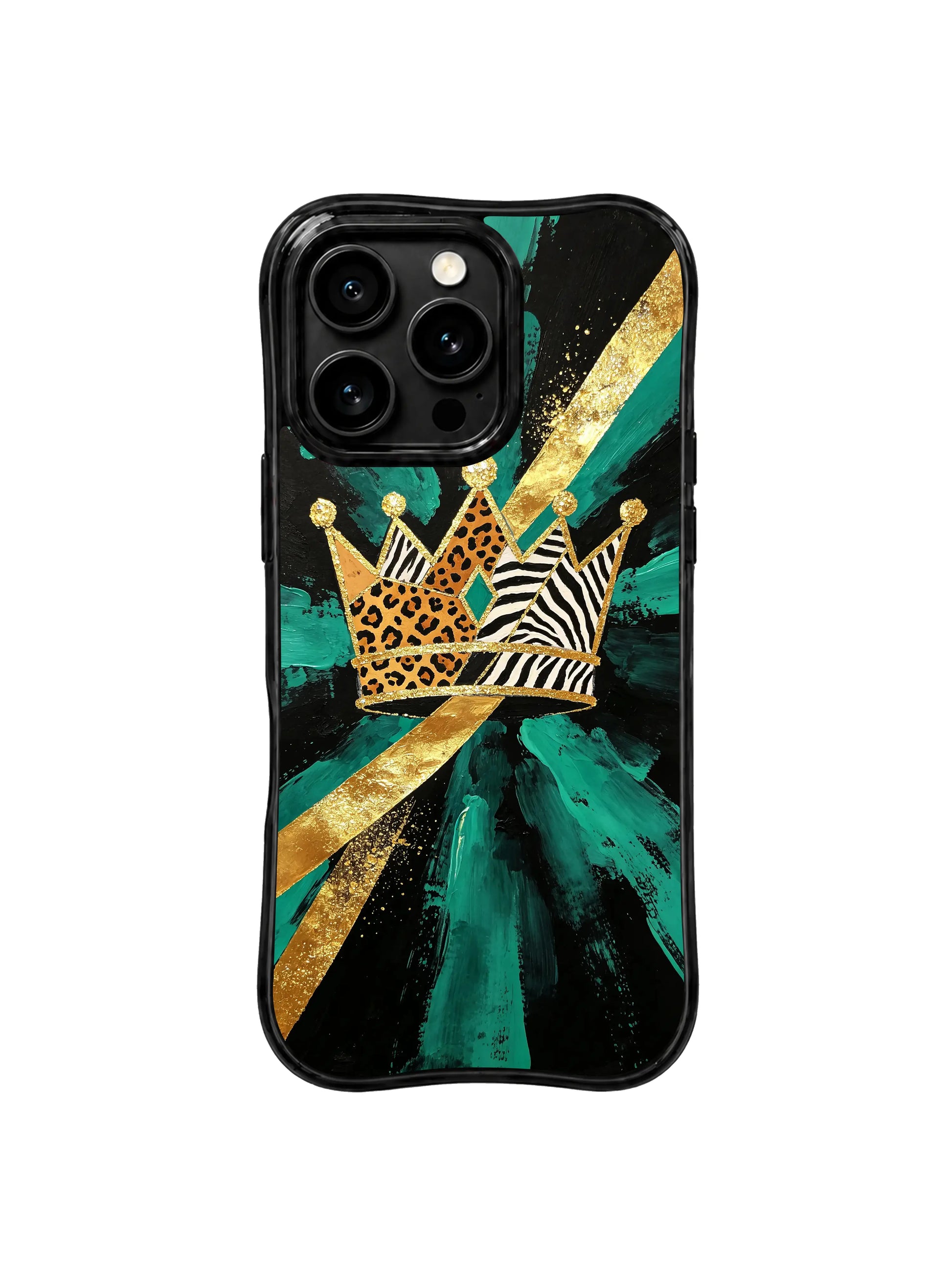 PhoneCasing iPhone 15 pro max back cover detail, showing rich emerald jewel tone sections in crown structure with gold and leopard print, premium art phone casing.