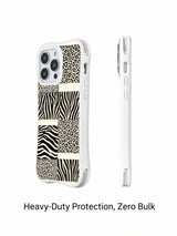 PhoneCasing iPhone 15 pro max back cover detail, showing fine line texture patch balanced with leopard and zebra prints, premium art phone casing.