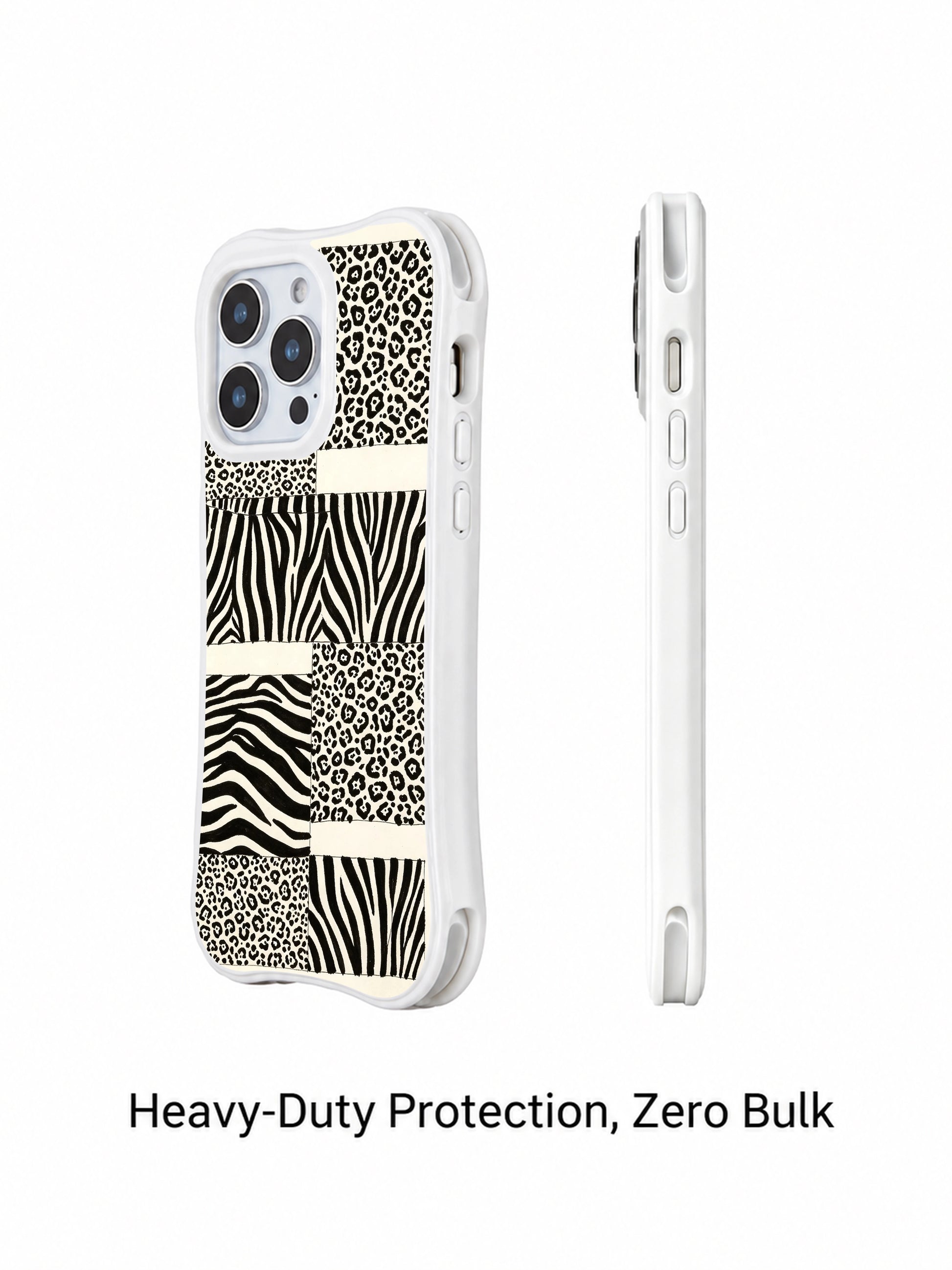 PhoneCasing iPhone 15 pro max back cover detail, showing fine line texture patch balanced with leopard and zebra prints, premium art phone casing.