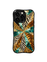 PhoneCasing iPhone 15 pro max back cover detail, showing metallic gold faceted gem sections mixed with animal print, premium art phone casing.