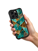 PhoneCasing iPhone 15 pro max back cover detail, showing metallic gold fleck texture against rich turquoise blocks, premium art phone casing.