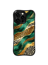 PhoneCasing iPhone 15 pro max back cover detail, showing metallic gold foil and emerald leopard print texture, premium art phone casing.