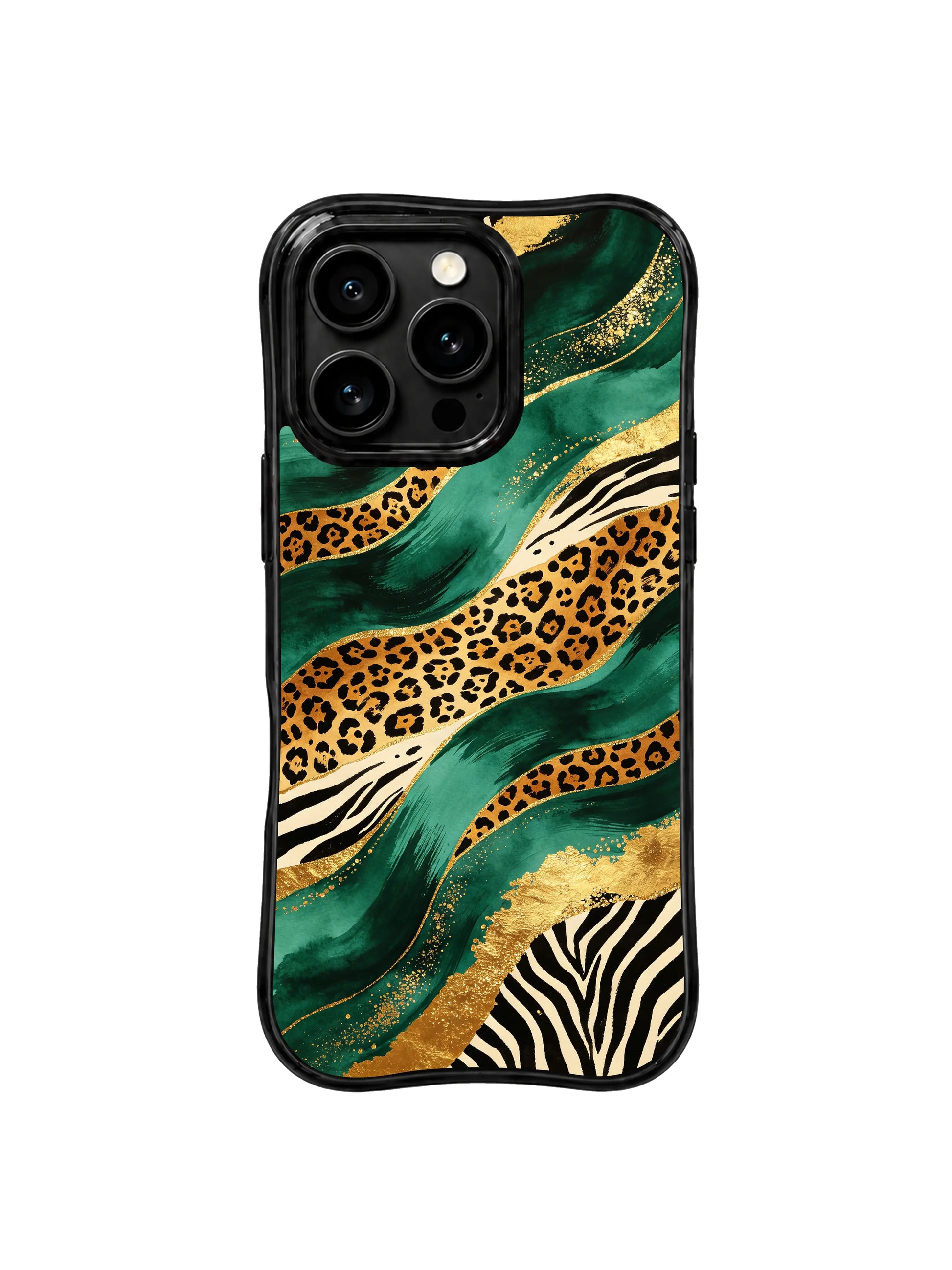 PhoneCasing iPhone 15 pro max back cover detail, showing metallic gold foil and emerald leopard print texture, premium art phone casing.