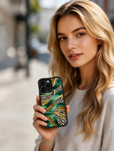 PhoneCasing iPhone 15 pro max back cover featuring Aurelia Wilden's signature gold river and emerald leopard print, museum-quality art phone case.