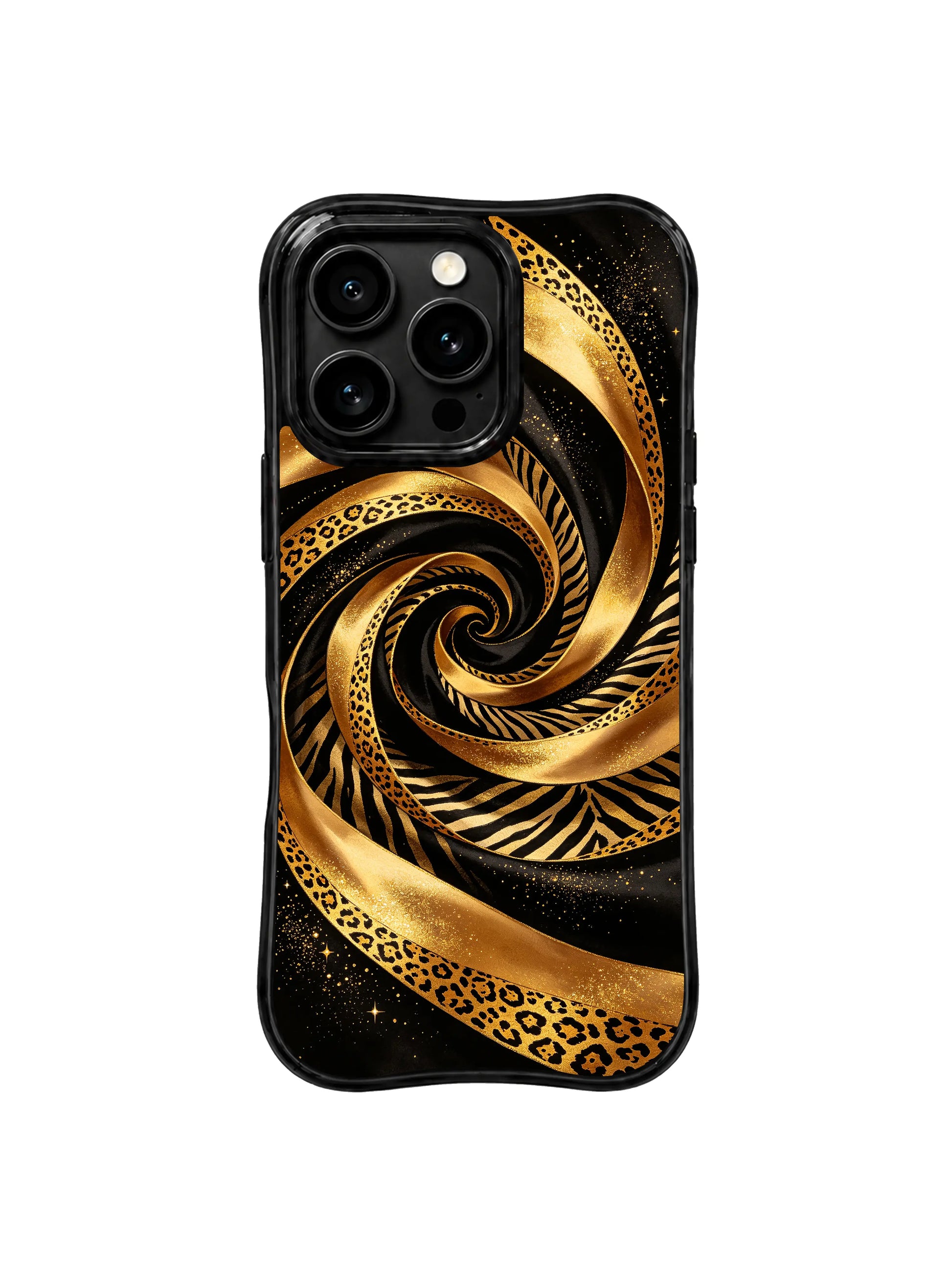 PhoneCasing iPhone 15 pro max back cover detail, showing rich metallic gold ribbon texture against deep matte black, premium art phone casing.