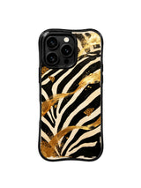 PhoneCasing iPhone 15 pro max back cover detail, showing metallic gold wave and crisp zebra stripe texture, premium art phone casing.