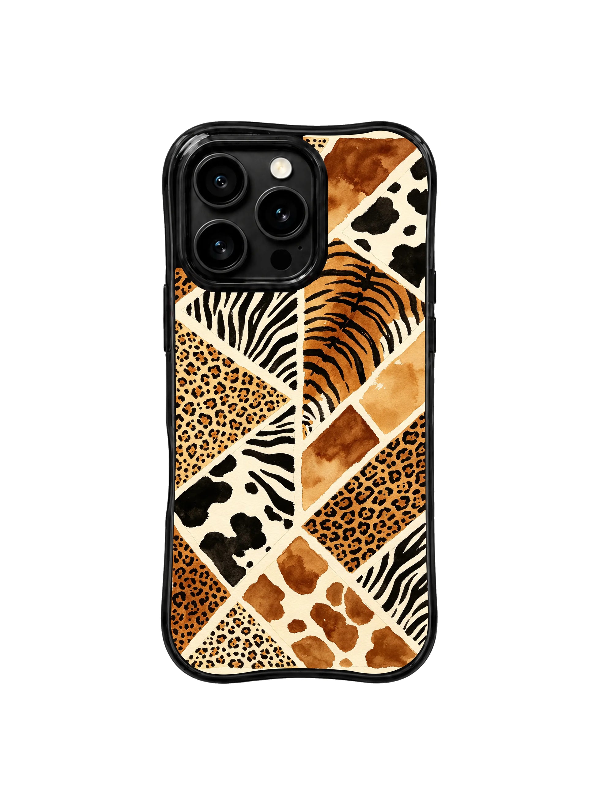 PhoneCasing iPhone 15 pro max back cover detail, showing hand-painted brushstroke and fabric texture on leopard patchwork print, premium art phone casing.