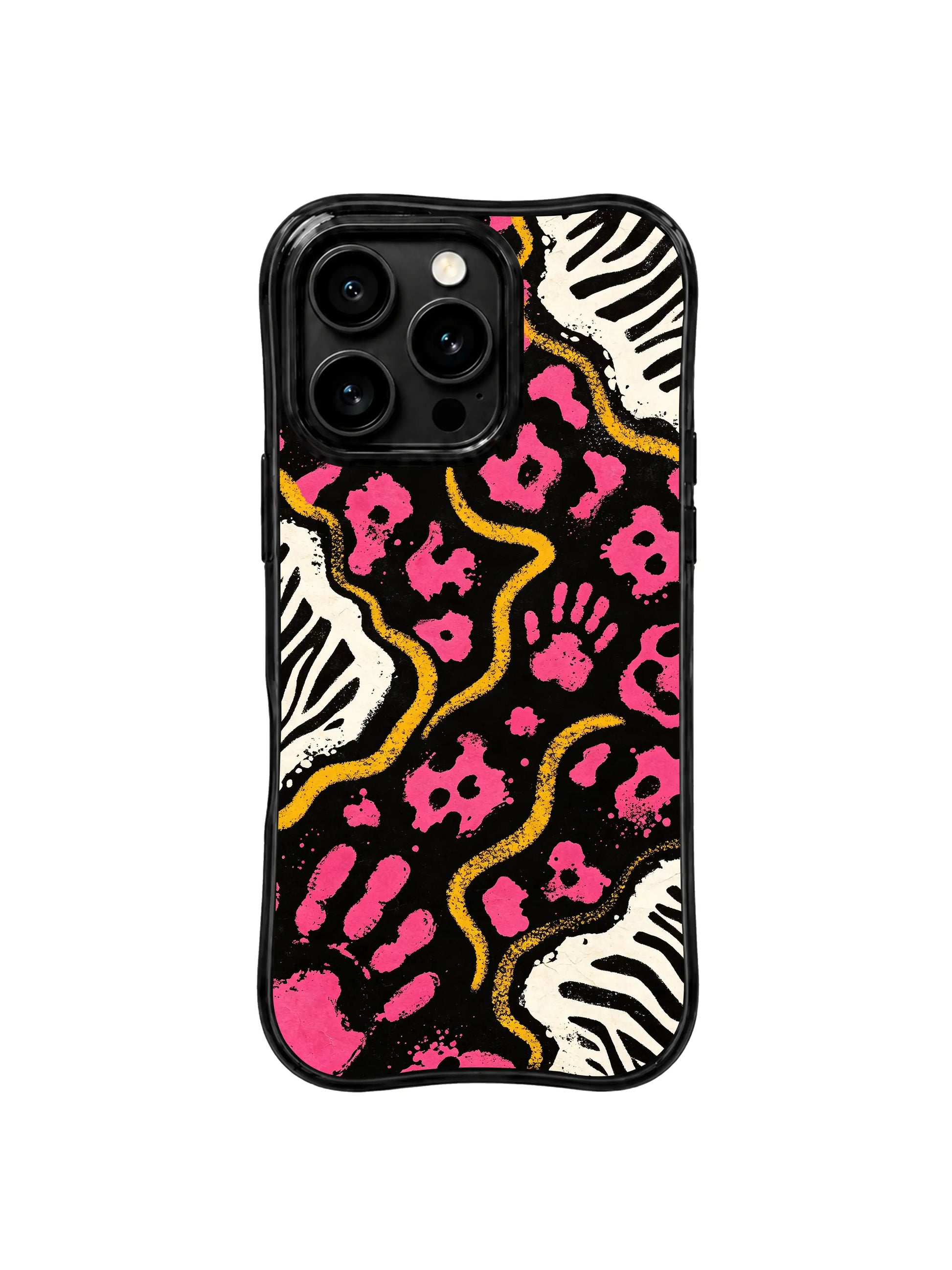 PhoneCasing iPhone 15 pro max back cover featuring Aurelia Wilden's signature night blooming rose pink leopard and yellow wave print, museum-quality art phone case.