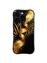 PhoneCasing iPhone 15 pro max back cover detail, showing rich metallic gold ribbon texture against deep matte black, premium art phone casing.