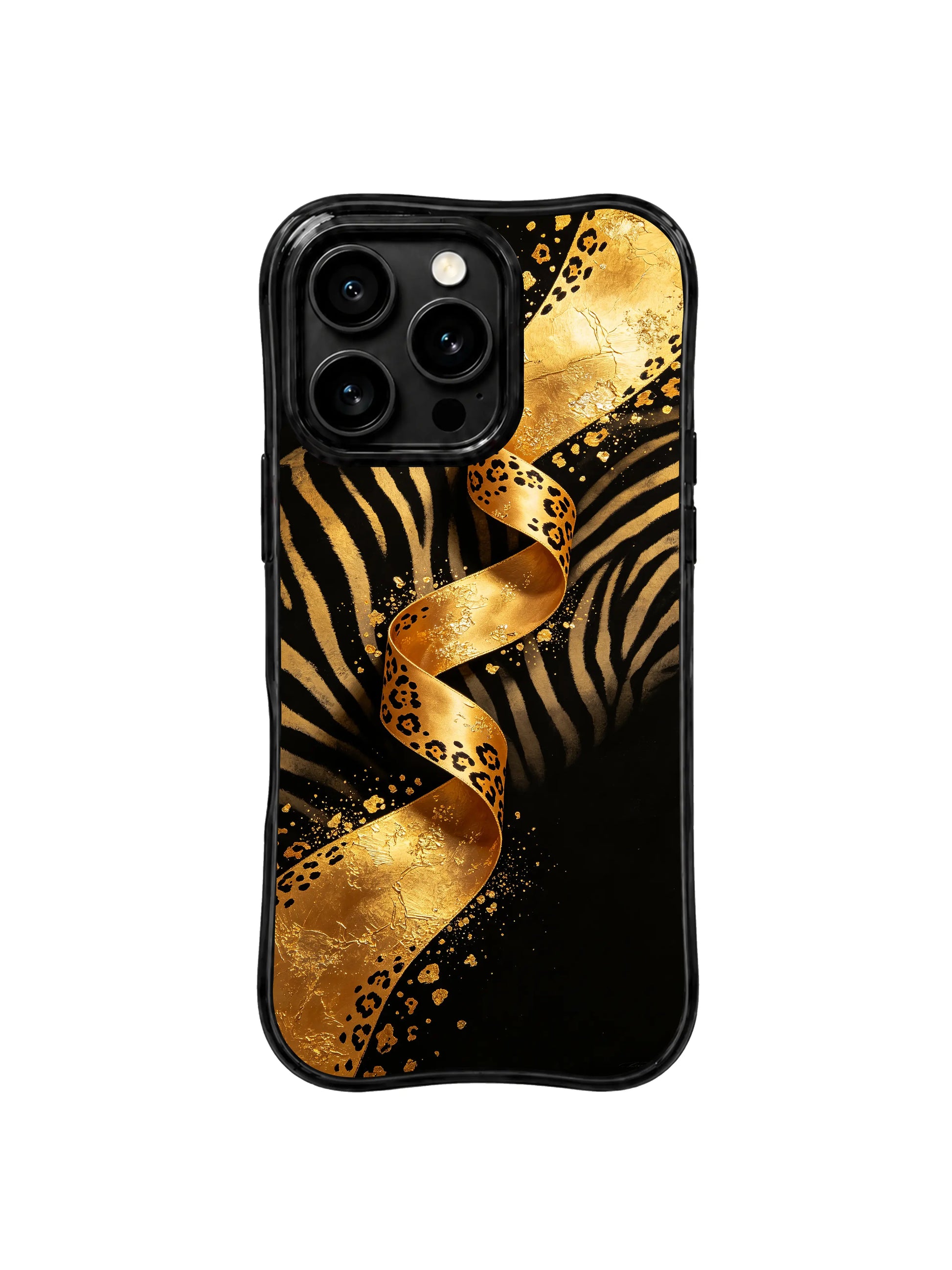 PhoneCasing iPhone 15 pro max back cover detail, showing rich metallic gold ribbon texture against deep matte black, premium art phone casing.