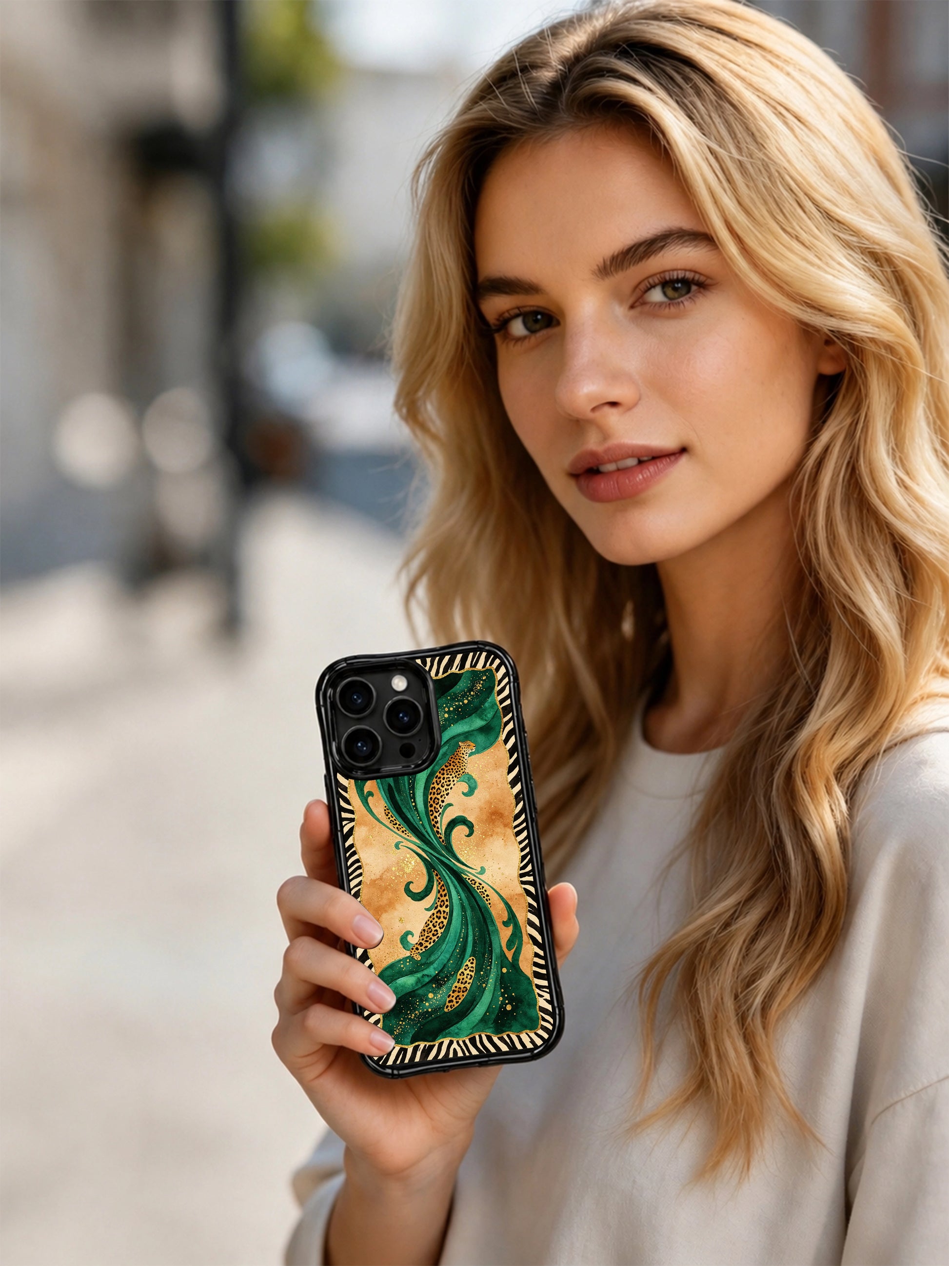 PhoneCasing iPhone 15 pro max back cover made in California, oasis leopard collector art print, premium domestic made phone case.