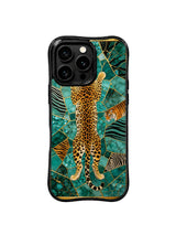 PhoneCasing iPhone 15 pro max back cover made in California, turquoise gold beast print artist design, premium domestic made phone case.