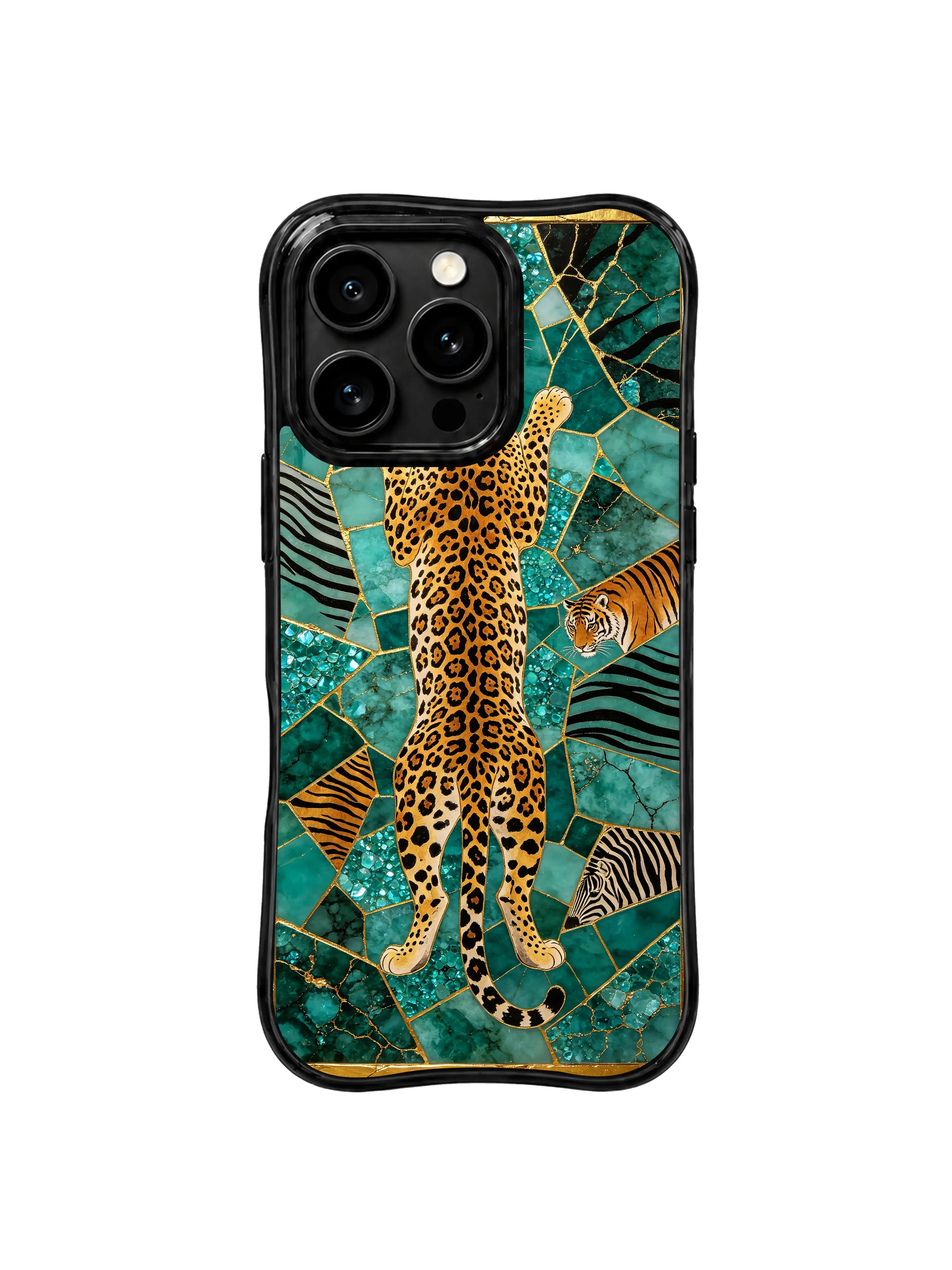 PhoneCasing iPhone 15 pro max back cover made in California, turquoise gold beast print artist design, premium domestic made phone case.