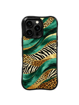 PhoneCasing iPhone 15 pro max back cover made in California, emerald leopard gold river artist print, premium domestic made phone case.