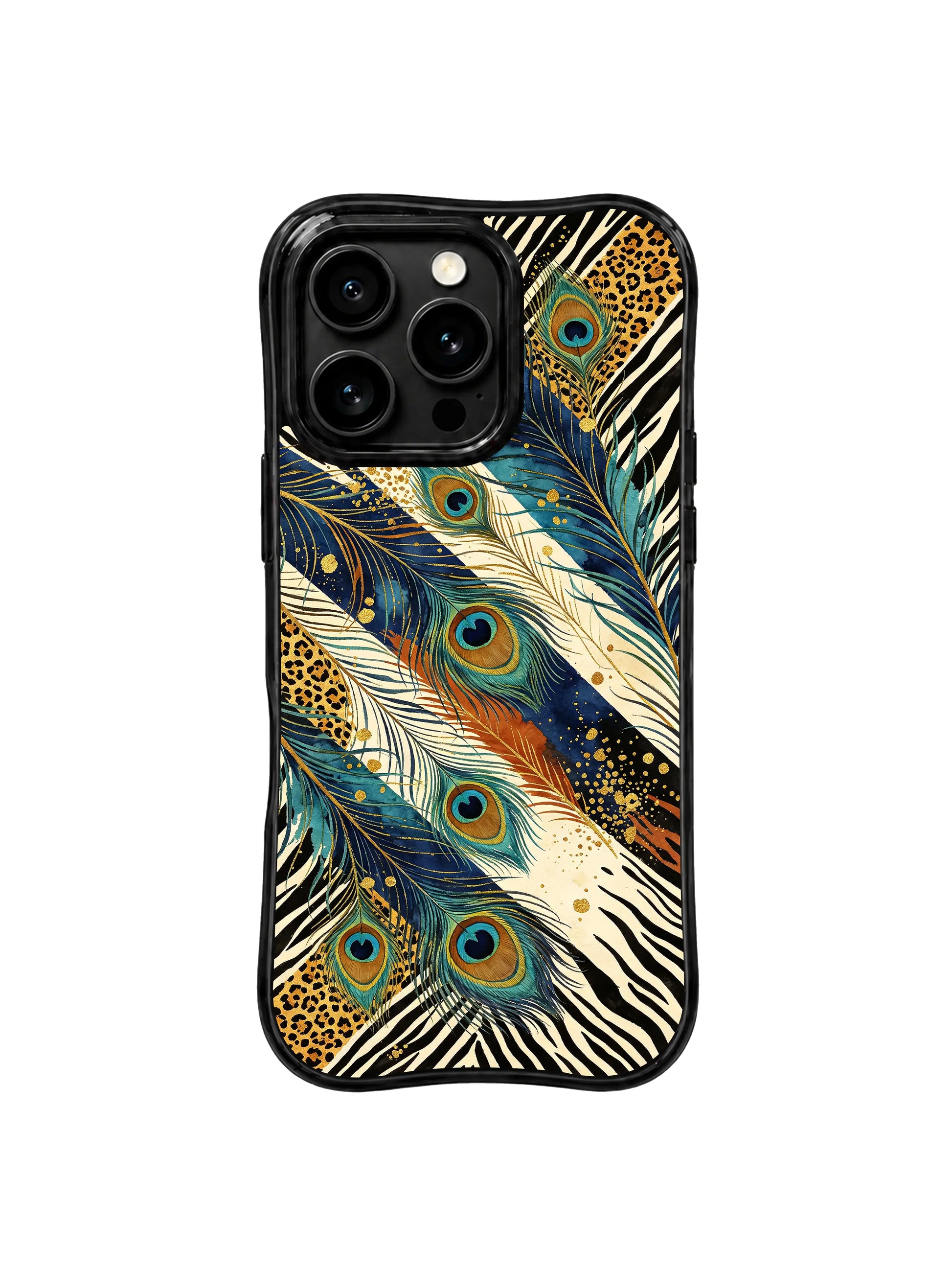 PhoneCasing iPhone 15 pro max back cover featuring Aurelia Wilden's signature peacock eye and gold leopard print, museum-quality art phone case.