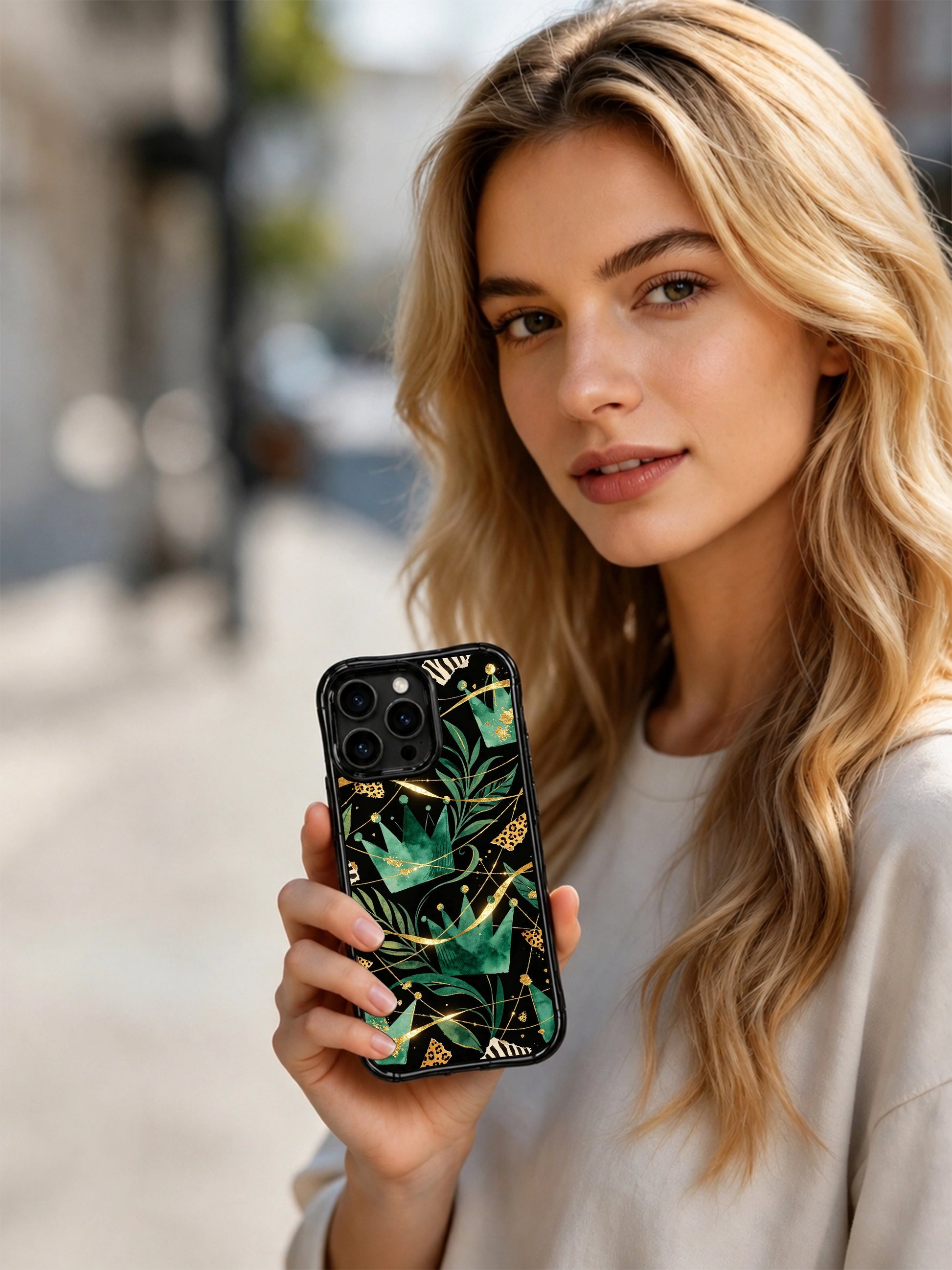 PhoneCasing iPhone 15 pro max back cover featuring Aurelia Wilden's signature wild crown leopard and emerald gold print, museum-quality art phone case.