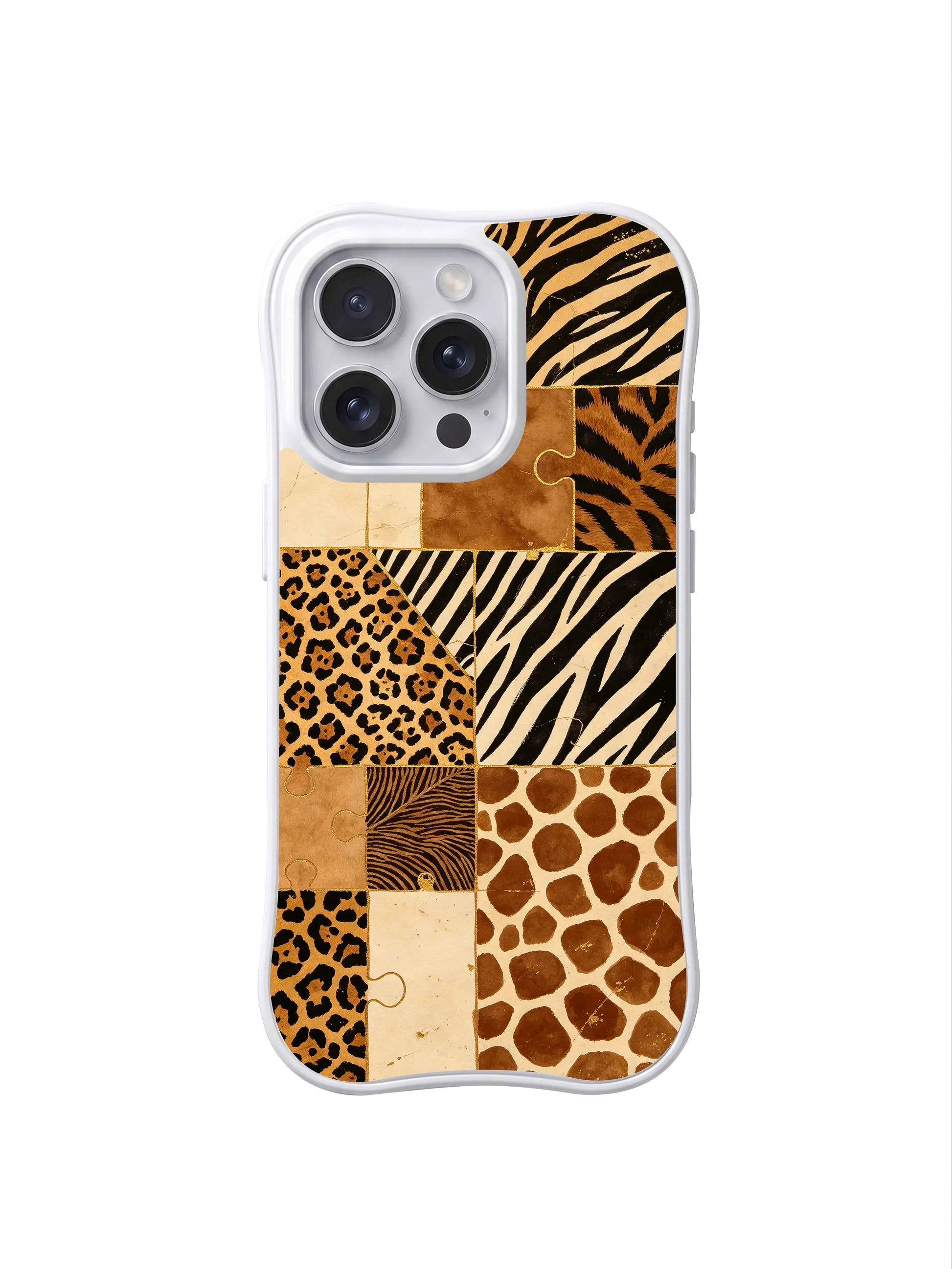PhoneCasing iPhone 15 pro max case from the Wild Gilded Safari collection, gold sand mark puzzle design by artist Aurelia Wilden.