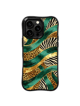 PhoneCasing iPhone 15 pro max case from the Wild Gilded Safari collection, emerald leopard gold river design by artist Aurelia Wilden.