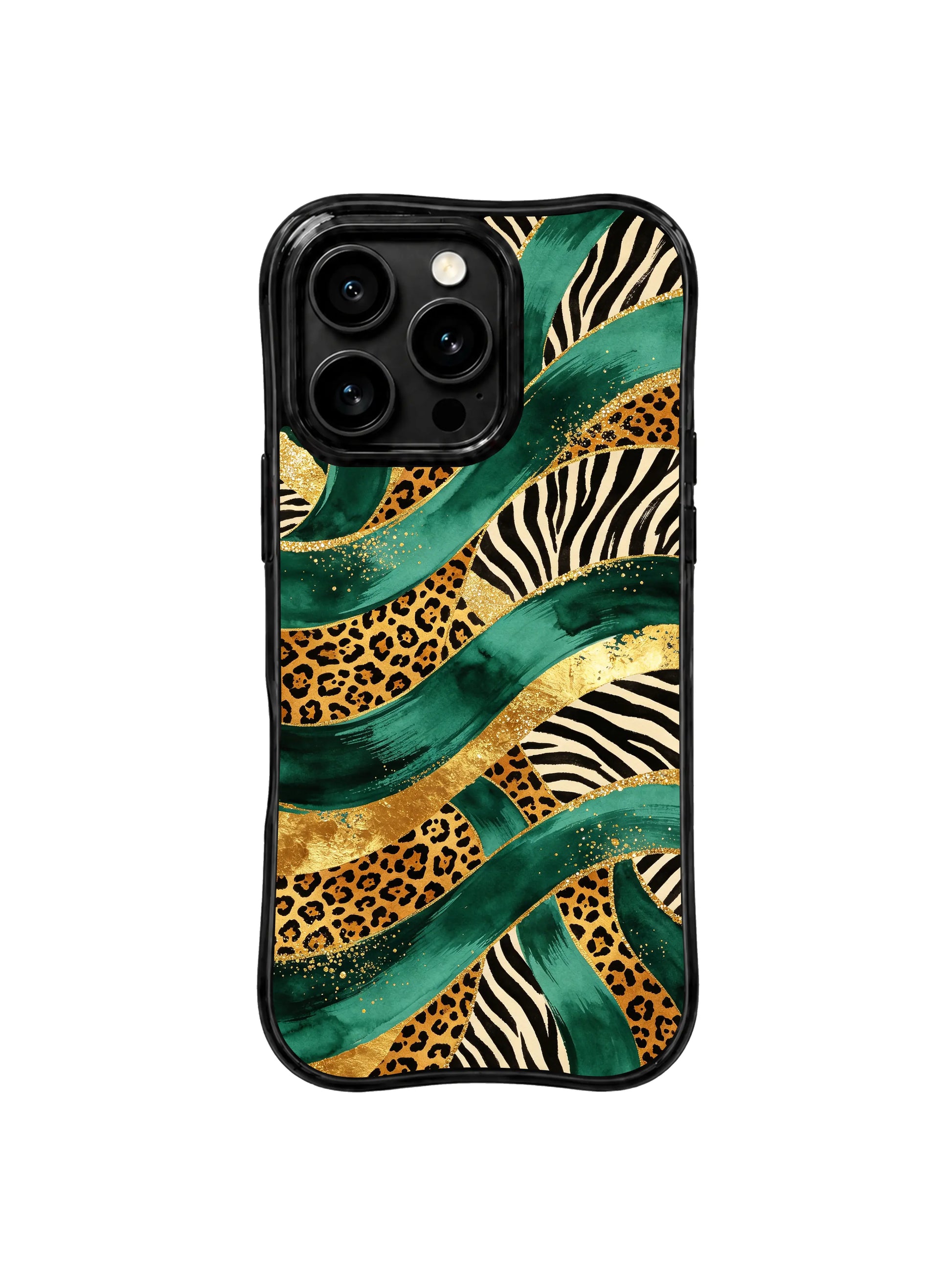 PhoneCasing iPhone 15 pro max case from the Wild Gilded Safari collection, emerald leopard gold river design by artist Aurelia Wilden.
