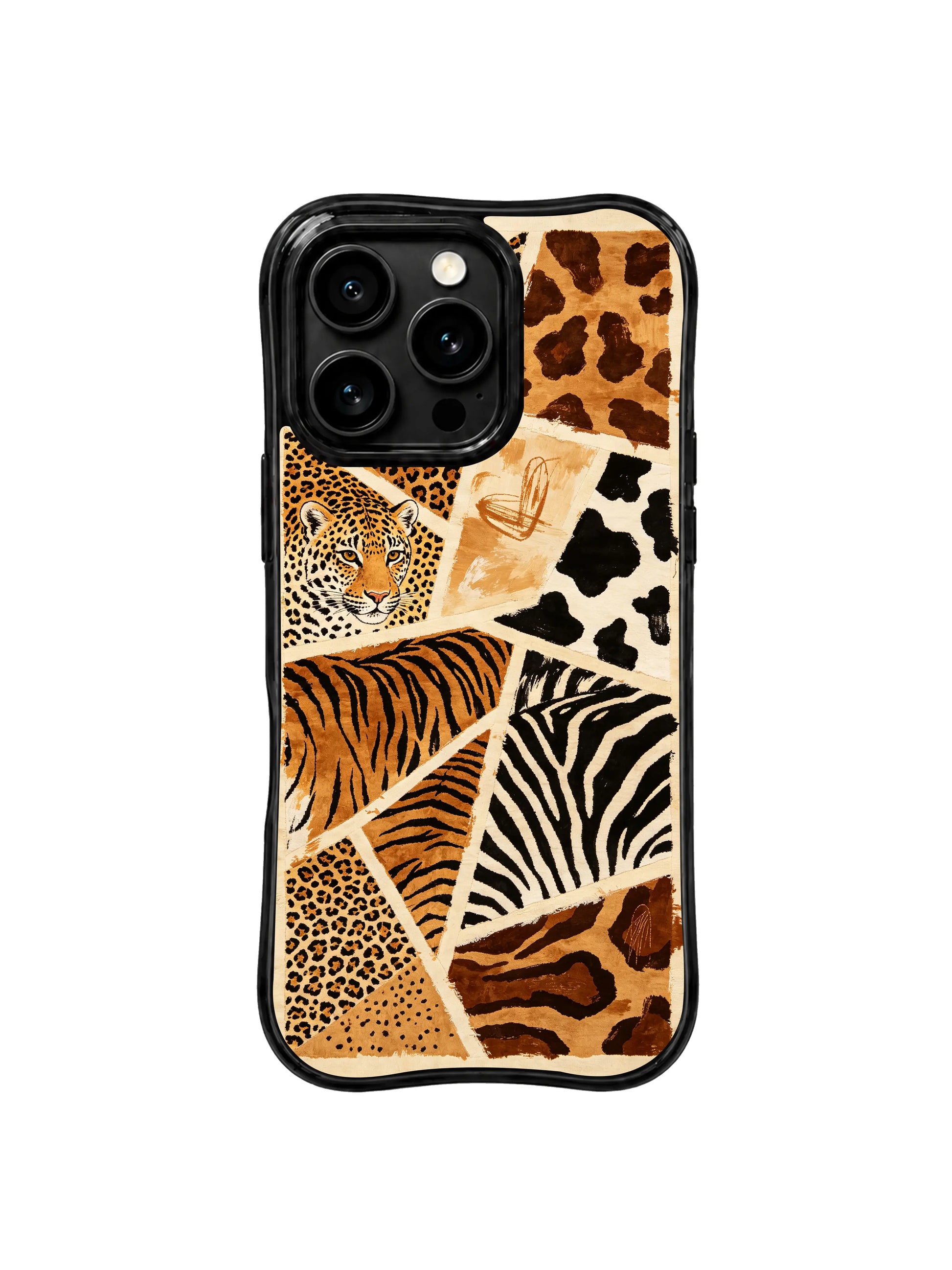 PhoneCasing iPhone 15 pro max case from the Wild Gilded Safari collection, leopard patchwork design by artist Aurelia Wilden.