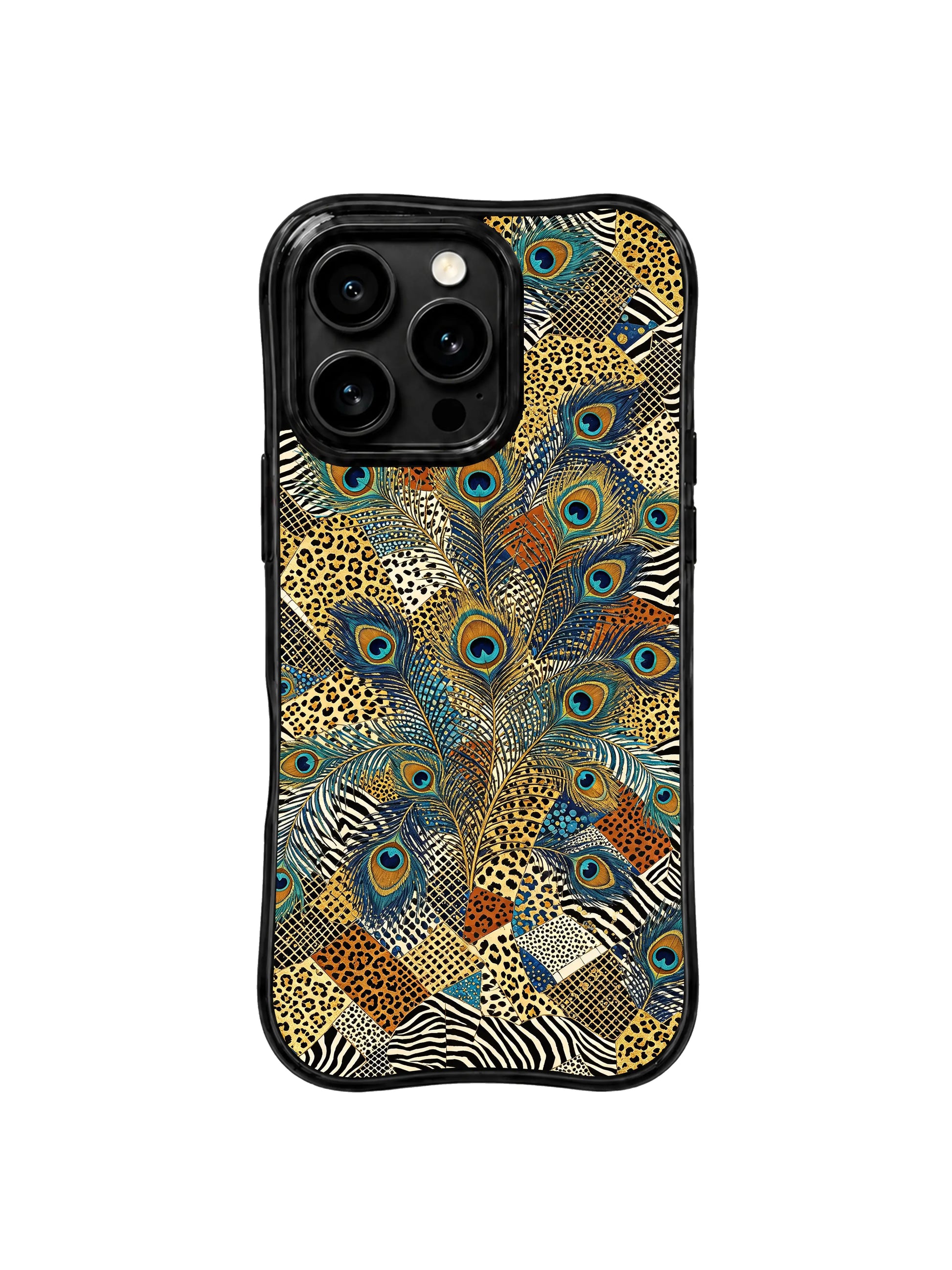 PhoneCasing iPhone 15 pro max case from the Wild Gilded Safari collection, peacock leopard gate design by artist Aurelia Wilden.