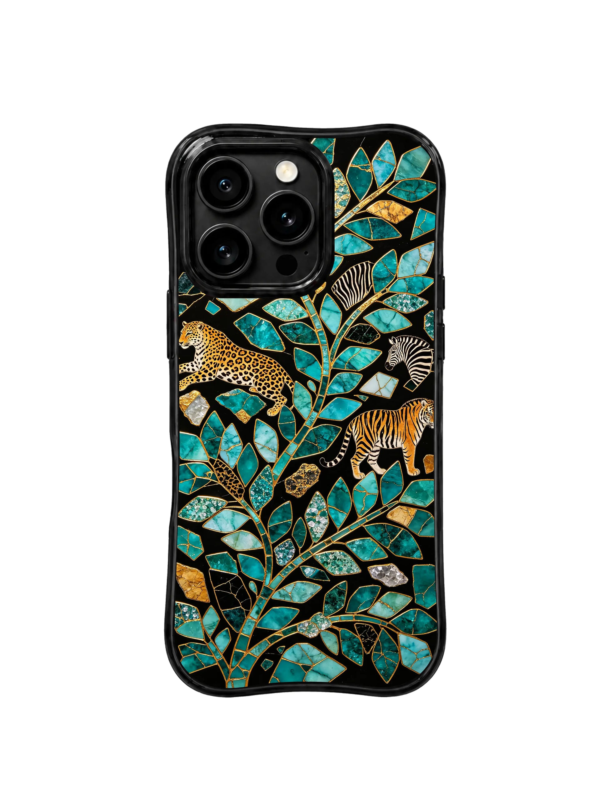 PhoneCasing iPhone 15 pro max case from the Wild Gilded Safari collection, turquoise gold beast print design by artist Aurelia Wilden.