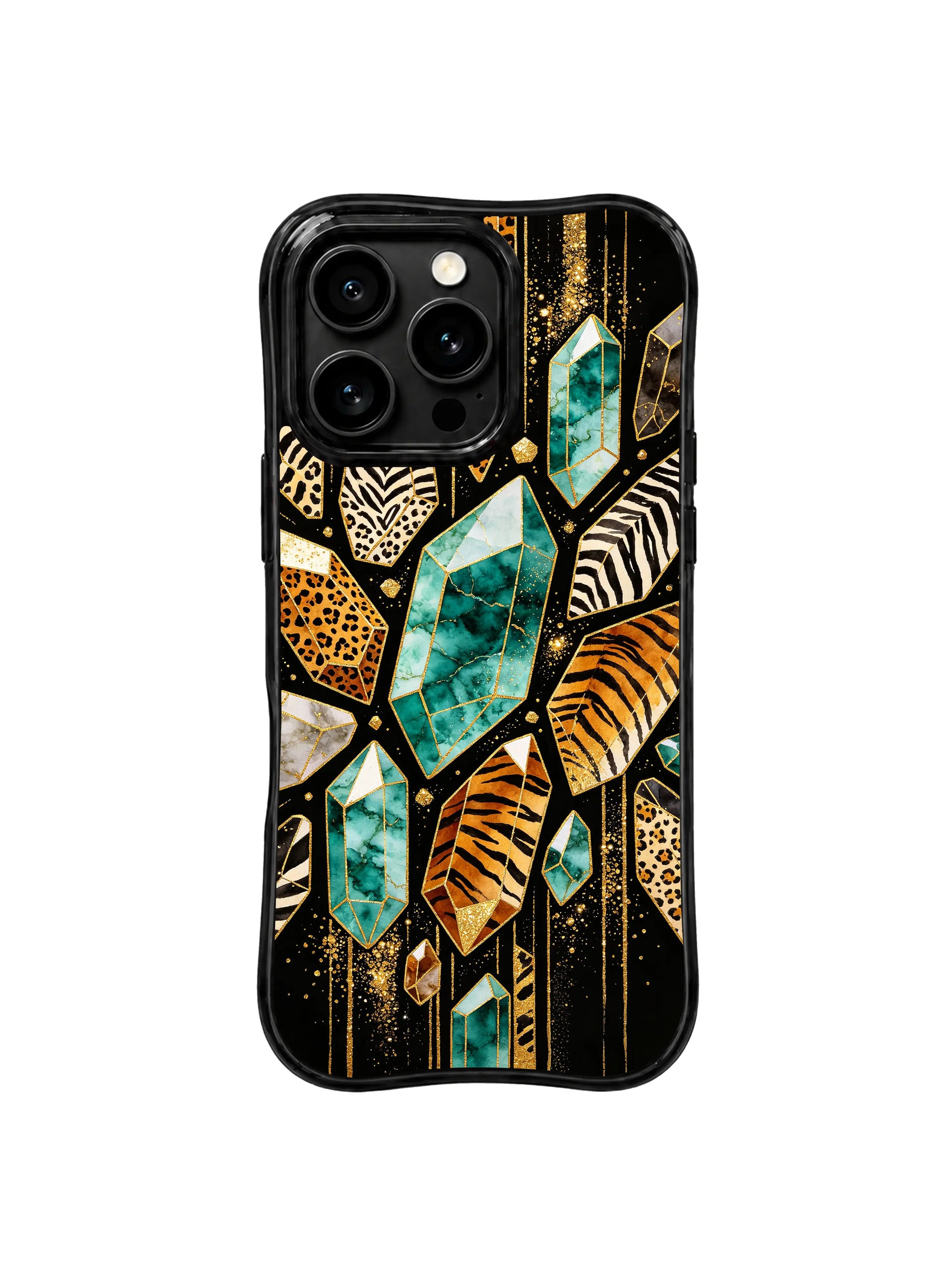 PhoneCasing iPhone 15 pro max back cover featuring Aurelia Wilden's signature faceted mixed animal and gem print, museum-quality art phone case.