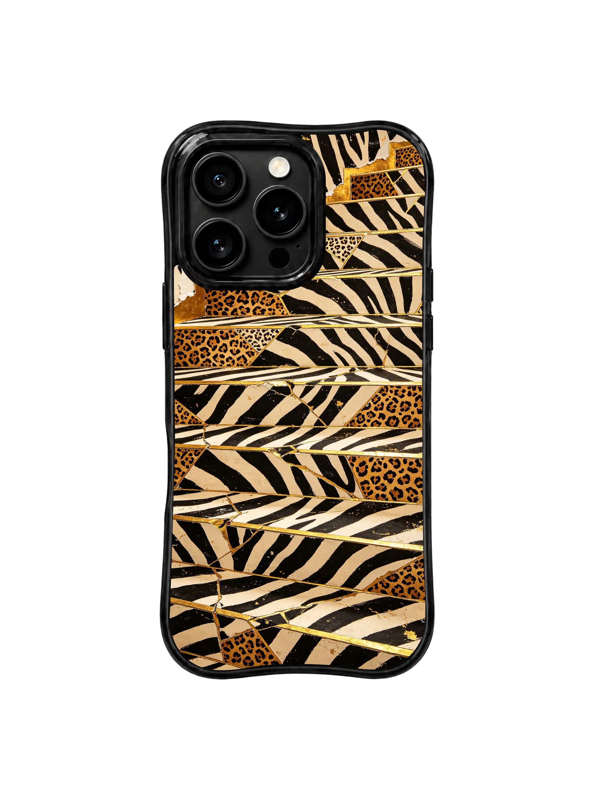 PhoneCasing iPhone 15 pro max case from the Wild Gilded Safari collection, zebra gold foil staircase design by artist Aurelia Wilden.