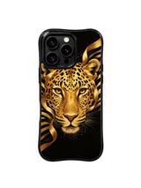 PhoneCasing iPhone 15 pro max case from the Wild Gilded Safari collection, black gold jungle ribbon design, sleek elevated artistic phone cover.