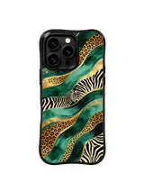 PhoneCasing iPhone 15 pro max case from the Wild Gilded Safari collection, emerald leopard gold river design, bold artistic phone cover.