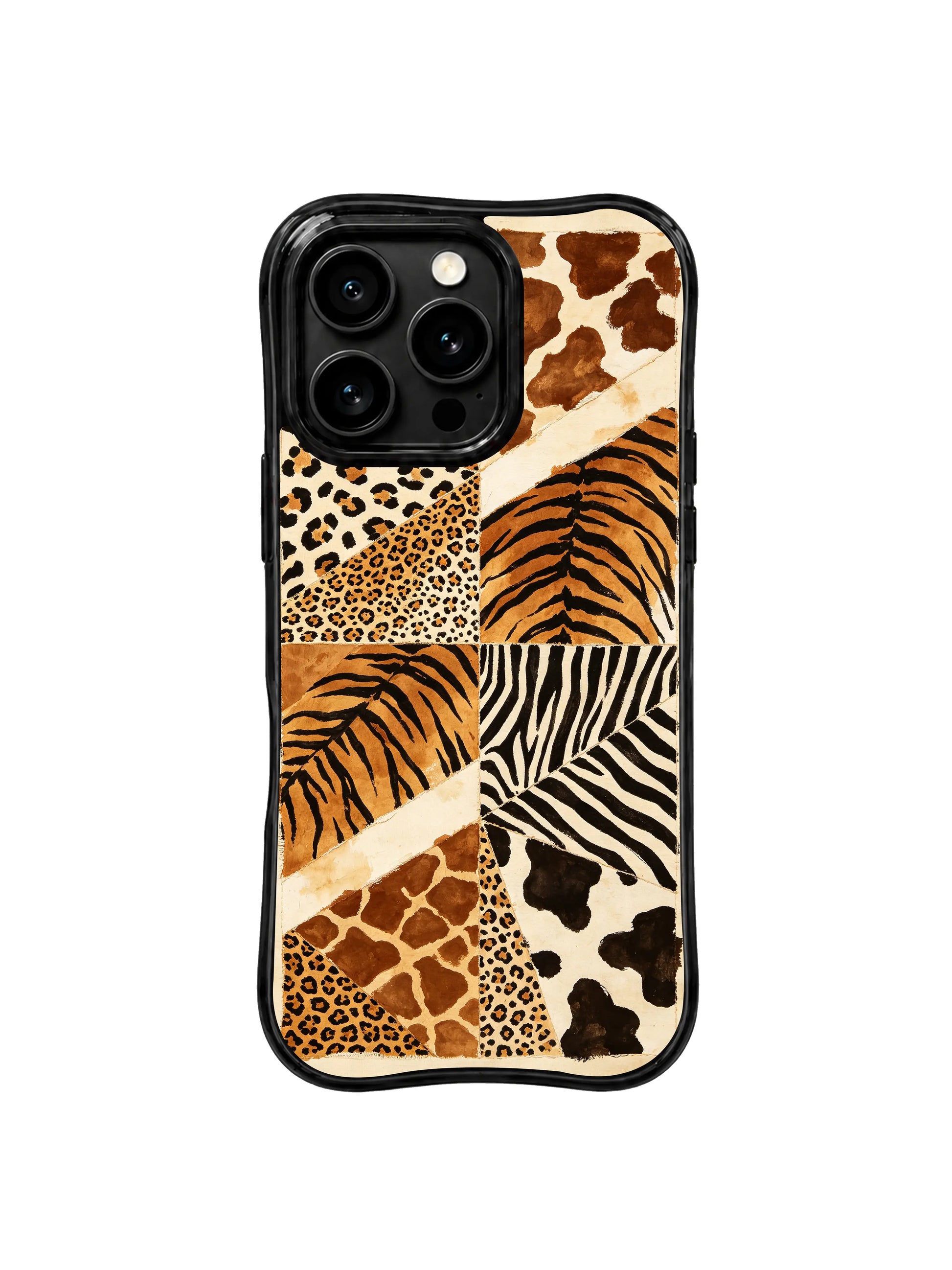 PhoneCasing iPhone 15 pro max case from the Wild Gilded Safari collection, leopard patchwork design, bold artistic phone cover.