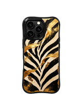 PhoneCasing iPhone 15 pro max case for professional women, sharp black and gold zebra design, high-end designer phone casing.
