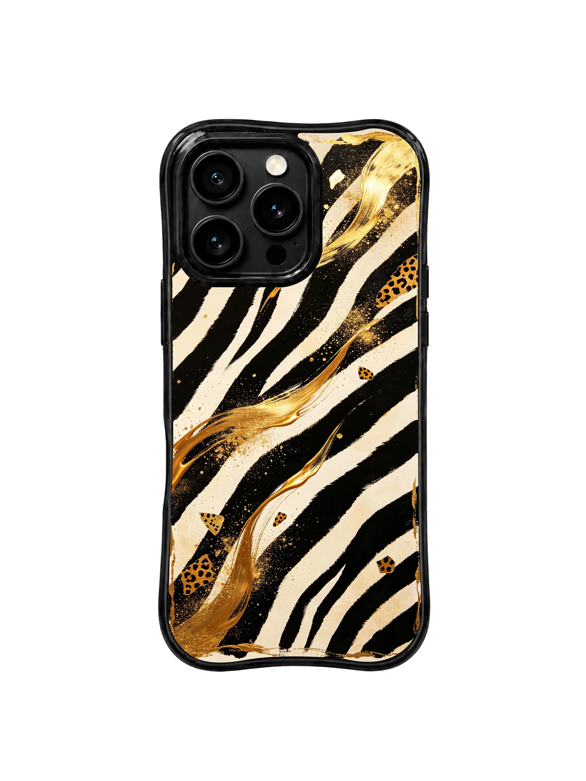 PhoneCasing iPhone 15 pro max casing in luxury black and gold zebra print, premium protective phone cover for confident women.