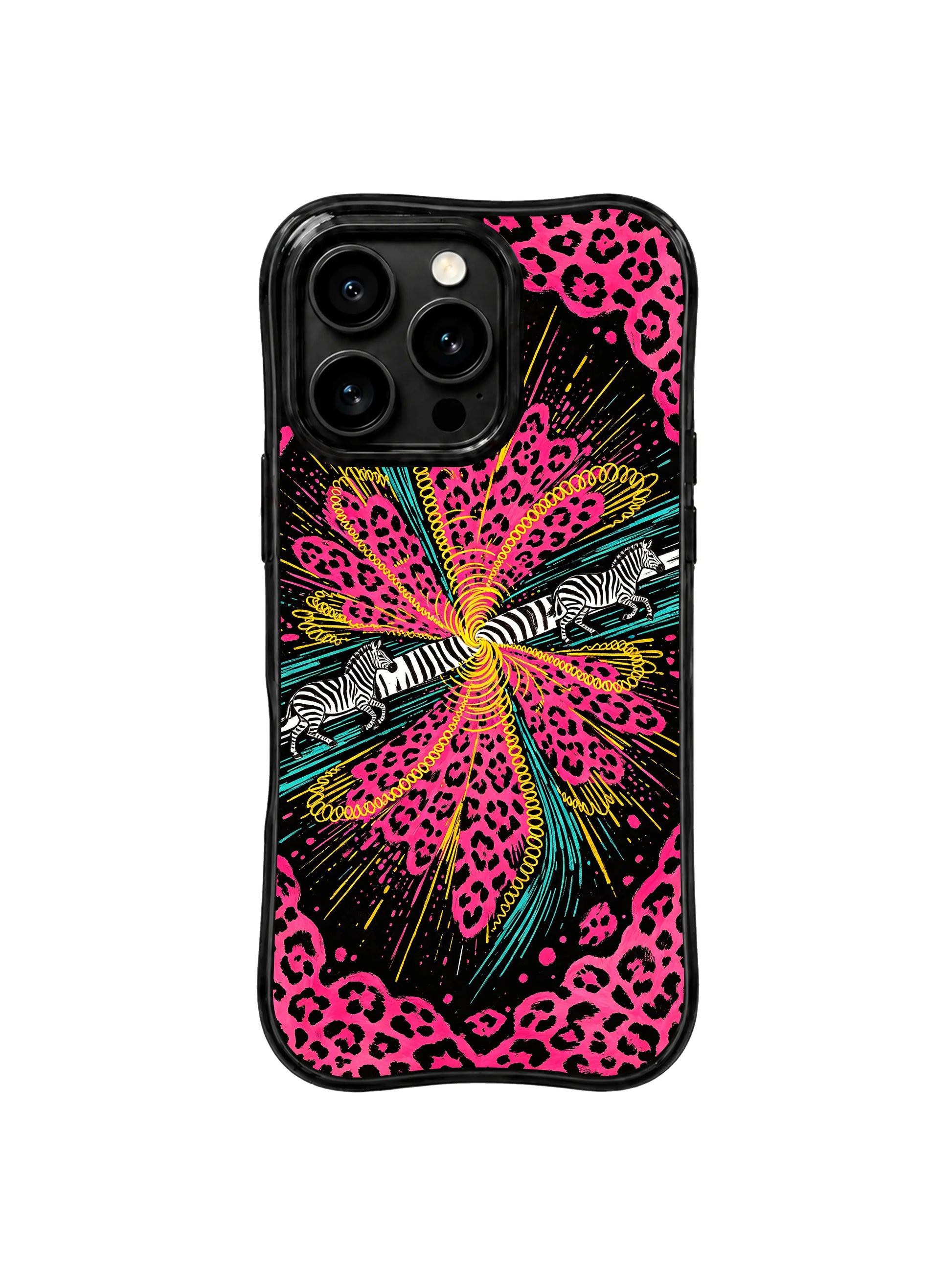 PhoneCasing iPhone 15 pro max casing in bold black and hot pink pop print, premium protective phone cover for high energy nights out.