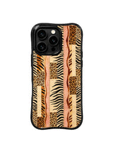 PhoneCasing iPhone 15 pro max casing close up, showing warm bronze tiger stripe leather texture detail, UV-printed artistic back cover.