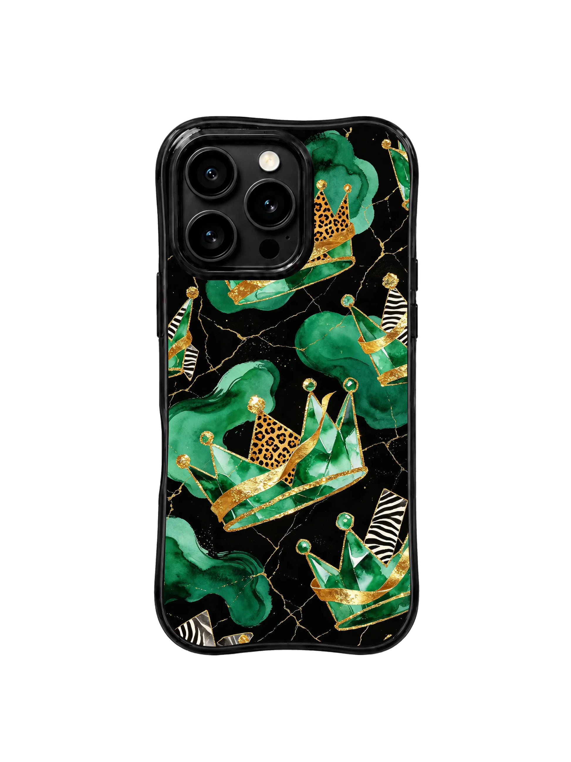 PhoneCasing iPhone 15 pro max casing in rich emerald black and gold regal print, premium protective phone cover for formal events and power dressing.